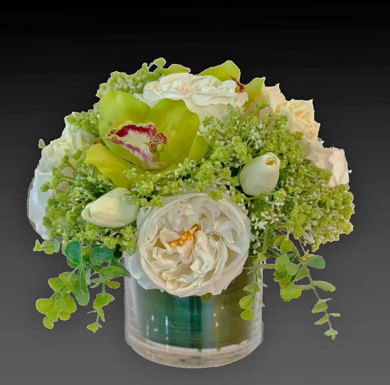 Flowers of Spring  - Green Cymbidium orchid and White garden roses and some white tulips, the truth is a perfect match. 