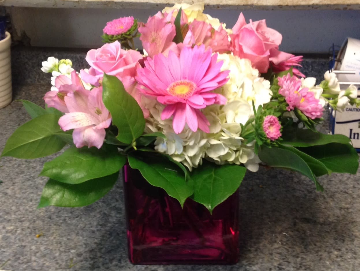 Showers of Pink - Pink Cube Arrangement of Gerberas, Roses, Alstromeria, and Hydrangea