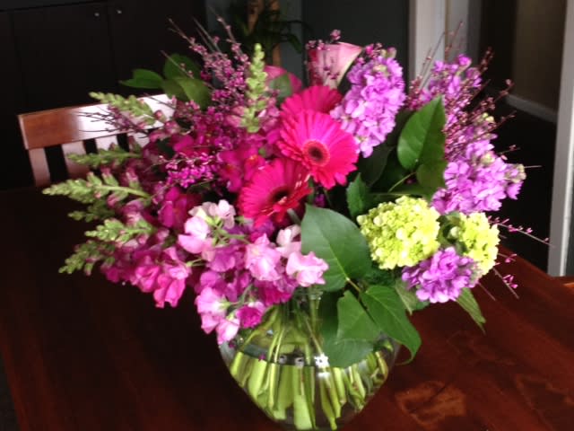 Carribean Crush - Bubble Bowl Arrangement of Purple and Pink Stock, Mini Green Hydrandea, Pink Gerberas, Pink Sweet Pea, Purple Heather and Pink Snapdragon