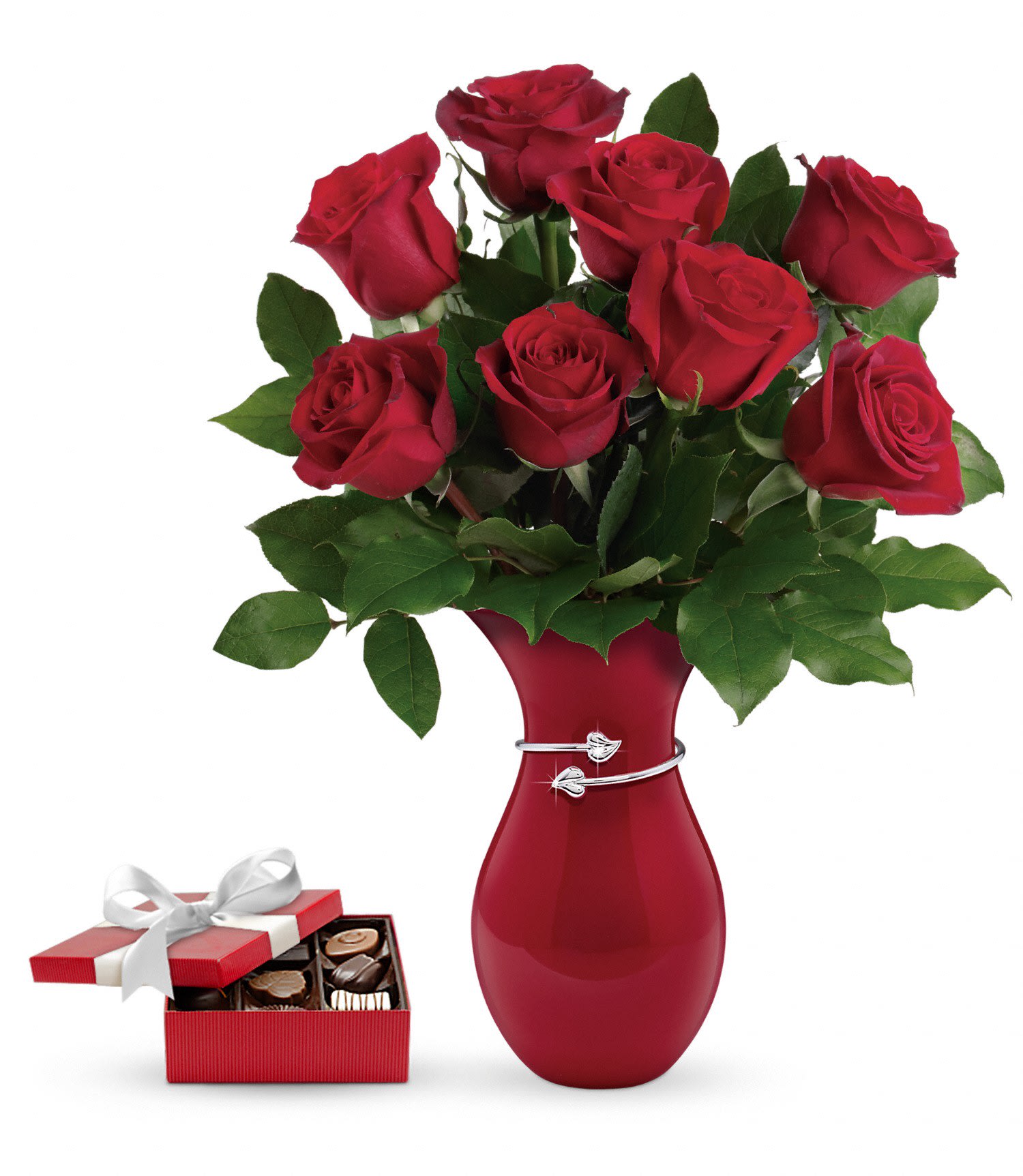 Gift From The Heart Bouquet with chocolates DX - This sweet gift set includes a delicious box of chocolates paired with a stunning bouquet. Make her heart beat a little faster with this showstopping testament to true love! Gorgeous red roses, hand-delivered in a beautiful red vase with a box of chocolates, will make this Valentine's Day one to remember.
