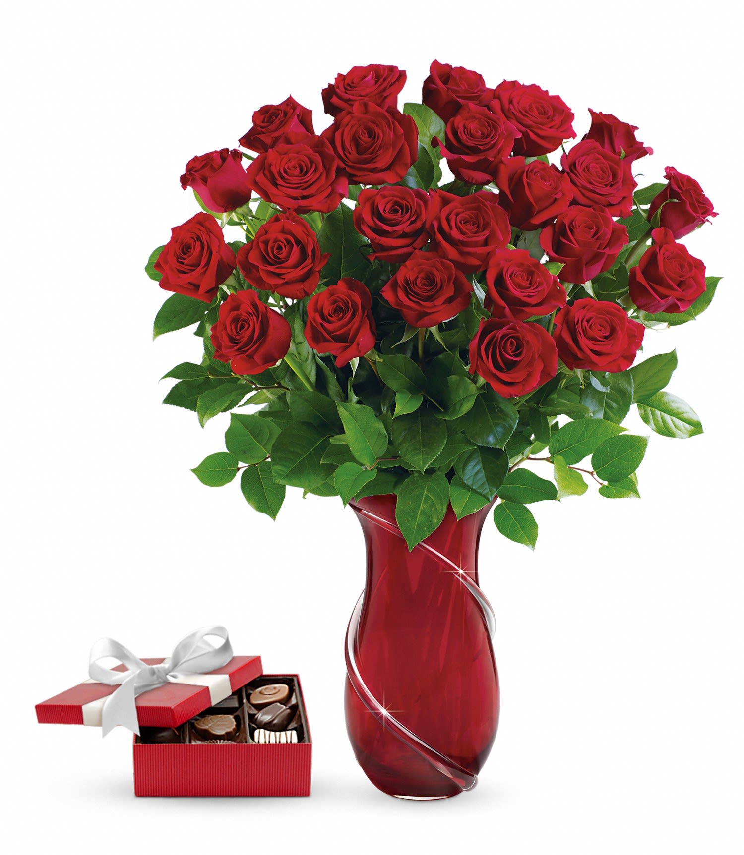 Wrapped In Roses Bouquet with chocolates PM - This luxurious gift set includes a delicious box of chocolates paired with a stunning bouquet. Romance her with roses! Hand-delivered in a stunning art glass vase with hand-applied glass ribbon, these breathtaking blooms and box of chocolates will sweep her off her feet!