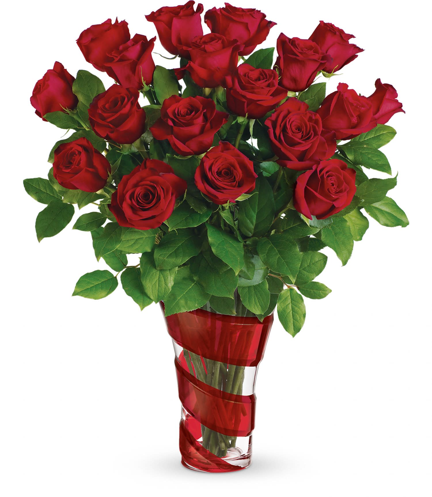 Teleflora's Dancing In Roses Bouquet DX - This exquisite gift of 18 romantic long stemmed red roses in a dramatic art glass vase is sure to make this Valentine's Day one to remember! 