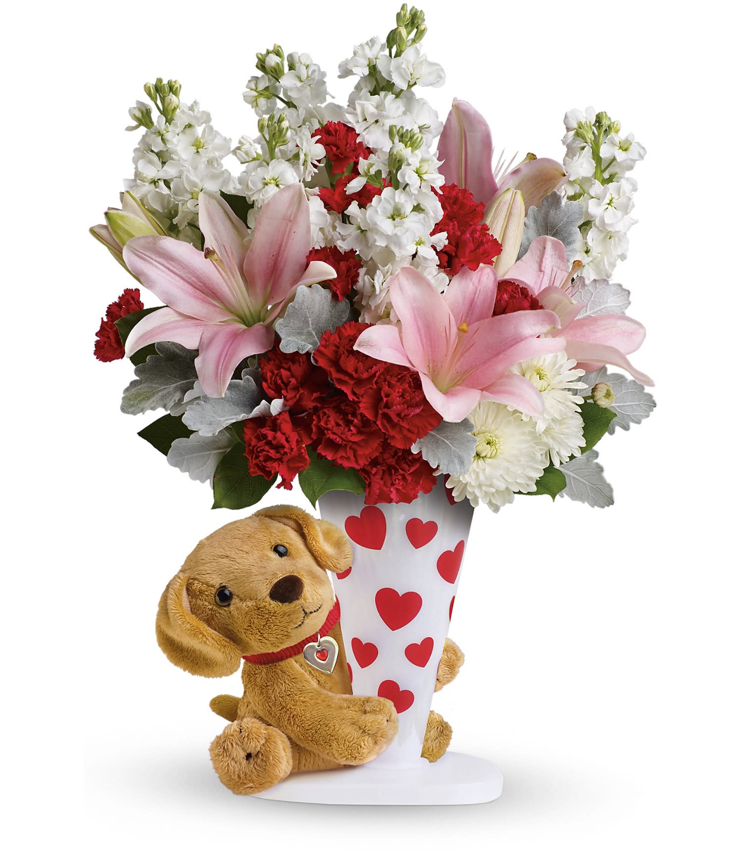 Send a Hug You're Fur Me by Teleflora PM - For guaranteed hugs, send this furry friend! Valentine's Day is cuddlier than ever thanks to this precious pup and his romantic bouquet of breathtaking pink lilies accented with white and red blooms. 