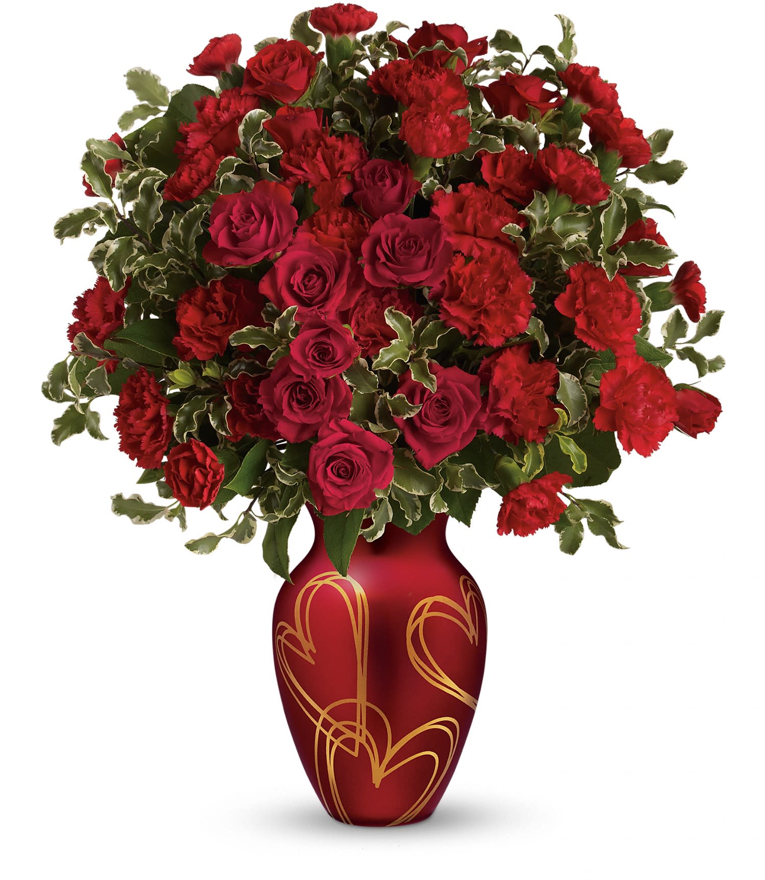 Teleflora's Hearts Of Gold Bouquet DX - Golden hearts and red roses are the perfect recipe for Valentine's Day bliss! Surprise someone special with this delicate arrangement of red roses and carnations, hand-delivered in a rich red vase with gorgeous satin finish, adorned with golden hearts. 