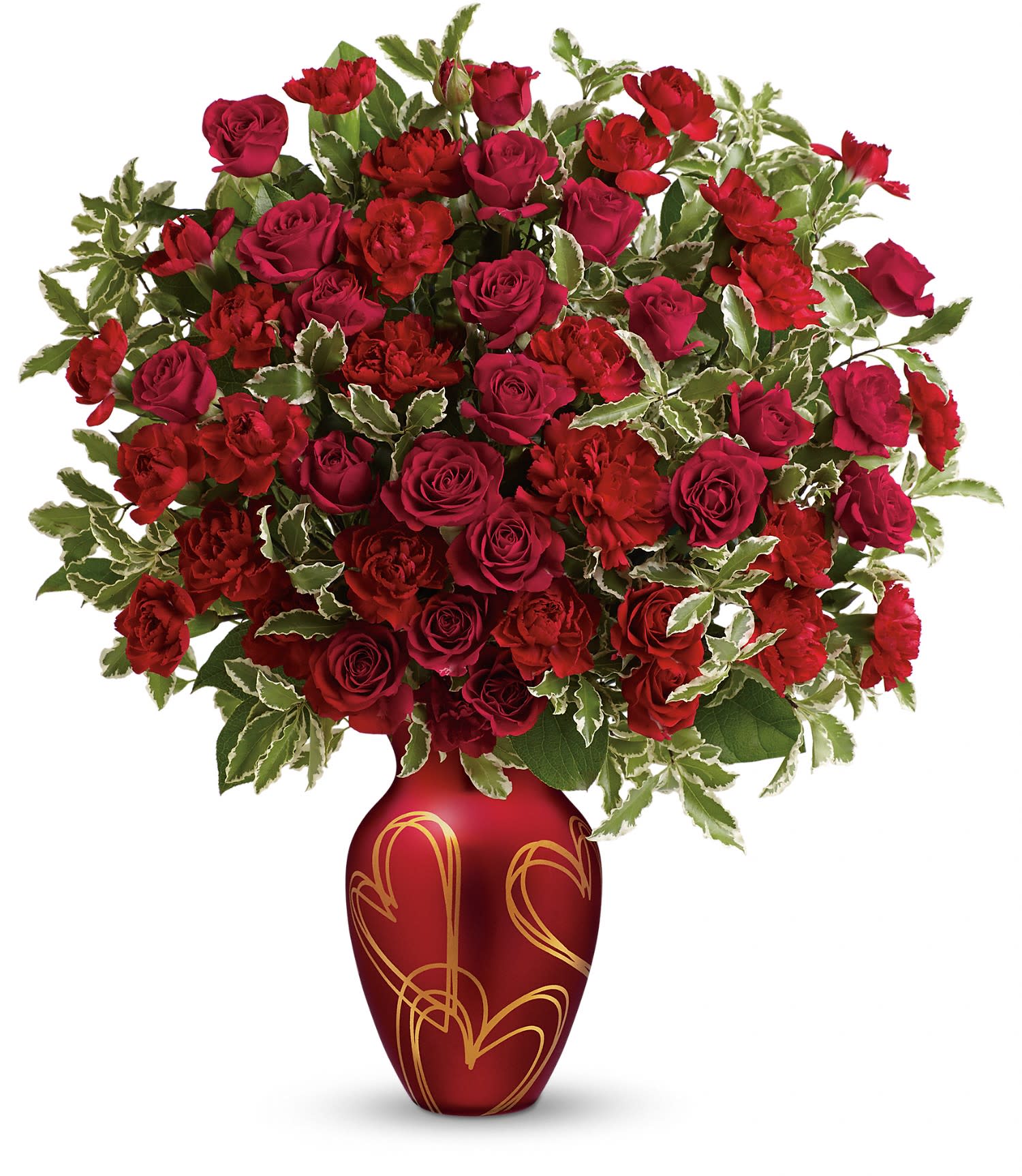 Teleflora's Hearts Of Gold Bouquet PM - Golden hearts and red roses are the perfect recipe for Valentine's Day bliss! Surprise someone special with this delicate arrangement of red roses and carnations, hand-delivered in a rich red vase with gorgeous satin finish, adorned with golden hearts. 