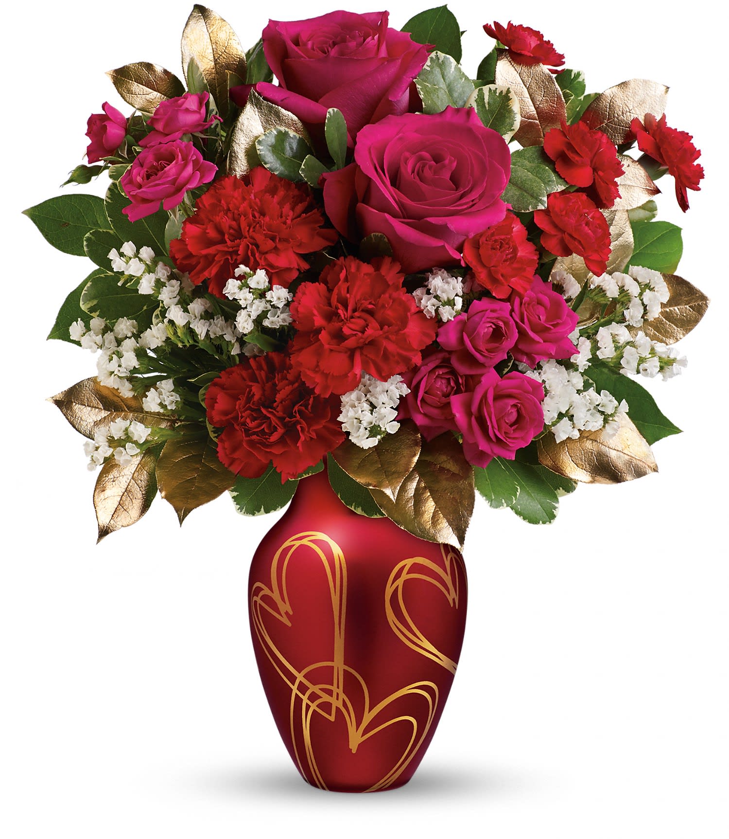 Teleflora's You're In My Heart Bouquet - Win their heart with this impressive rose bouquet! Dark pink and hot pink roses look simply divine with rich red carnations. Hand-delivered in a stunning, satin-finish vase adorned with golden hearts, it's a Valentine's Day surprise they'll never forget! 