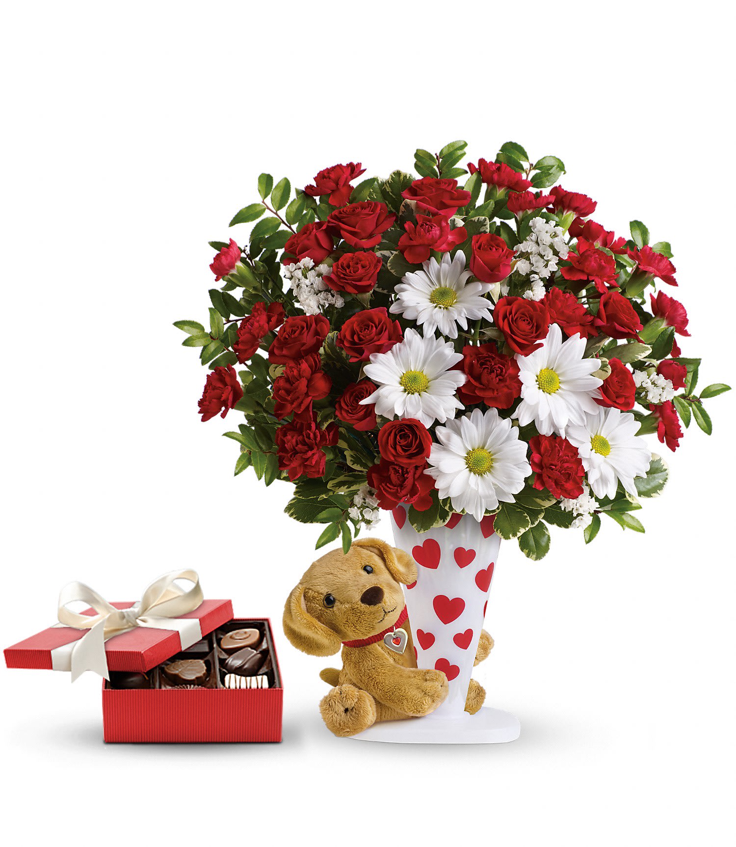 Send a Hug I Ruff You Gift Set DX - This cute gift set includes a delicious box of chocolates paired with a charming bouquet. A doggone adorable way to declare your love this Valentine's Day, this delicate bouquet of radiant red roses and pure white daisies is hand-delivered in a heart-covered vase with a soft and cuddly stuffed friend and chocolates! 