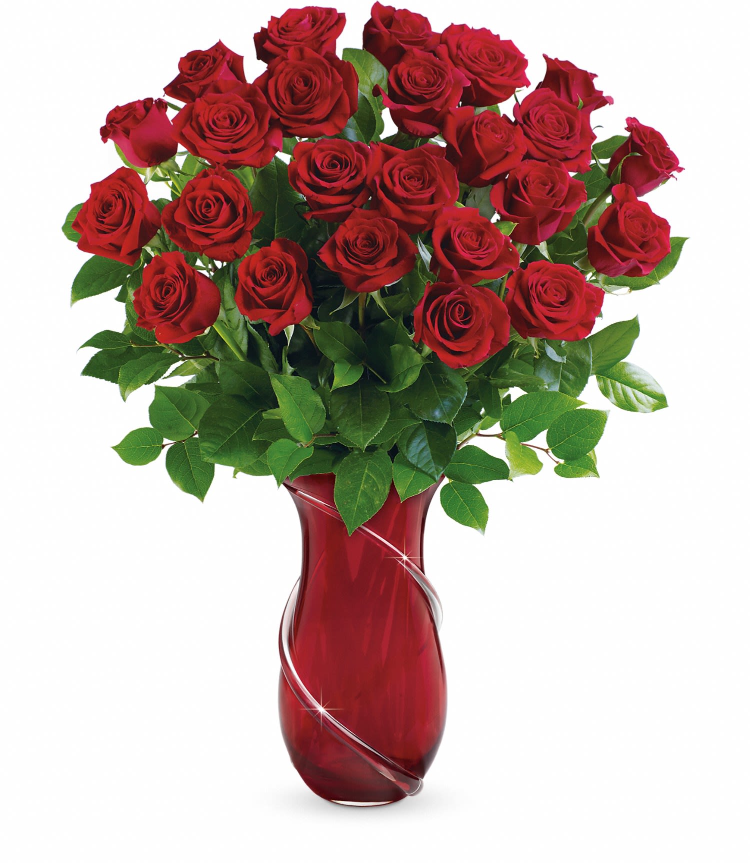 Teleflora's Wrapped In Roses Bouquet PM - Romance her with roses! Hand-delivered in a stunning art glass vase with hand-applied glass ribbon, these breathtaking blooms will sweep her off her feet! 