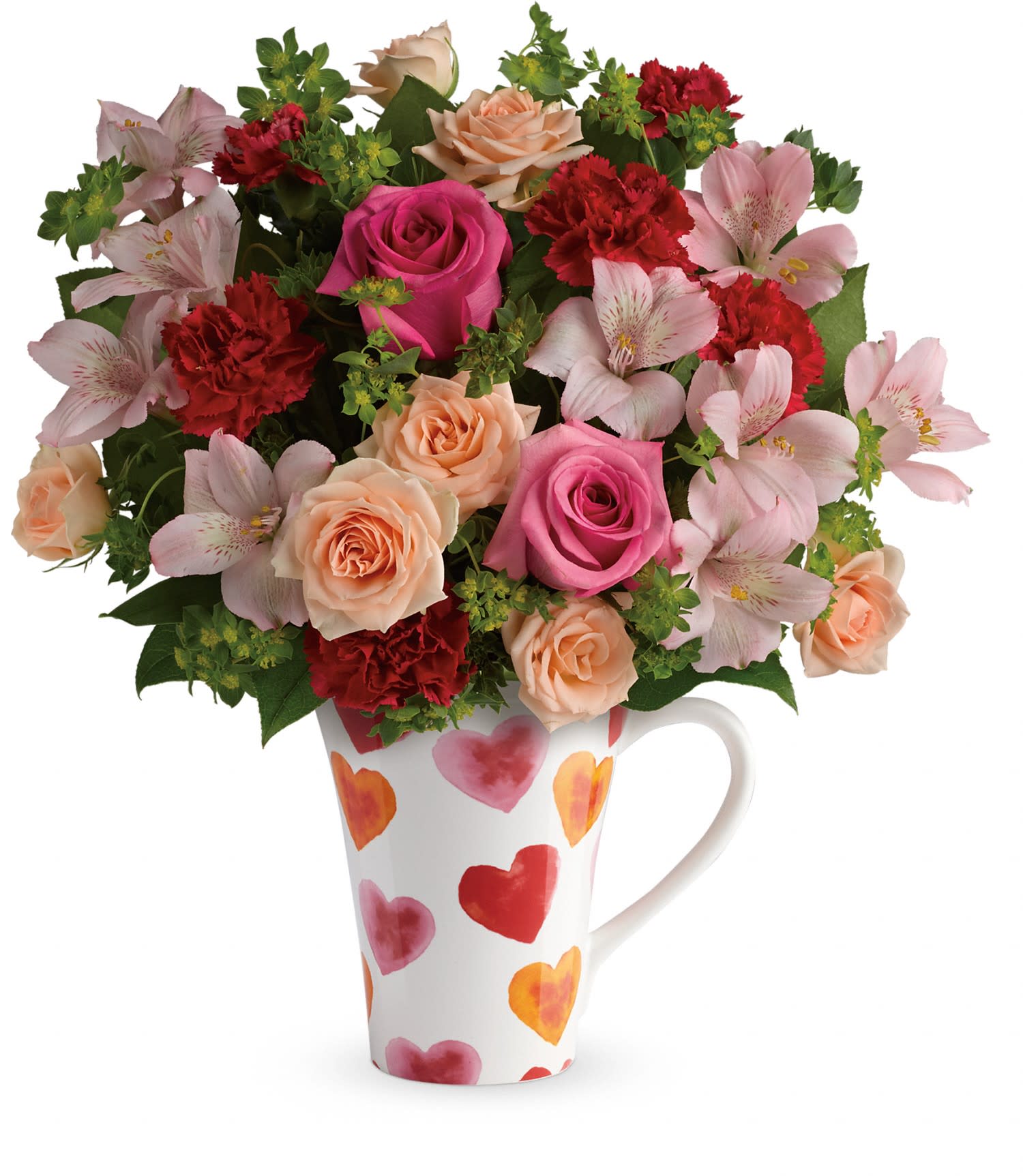 Teleflora's Hearts And Hugs Bouquet DX - Make their heart dance with this adorable Valentine's Day gift! Presented in a food-safe mug dotted with delightful watercolor hearts, this charming bouquet of pink and peach roses is a terrific 2-in-1 treat for any lucky loved one! 