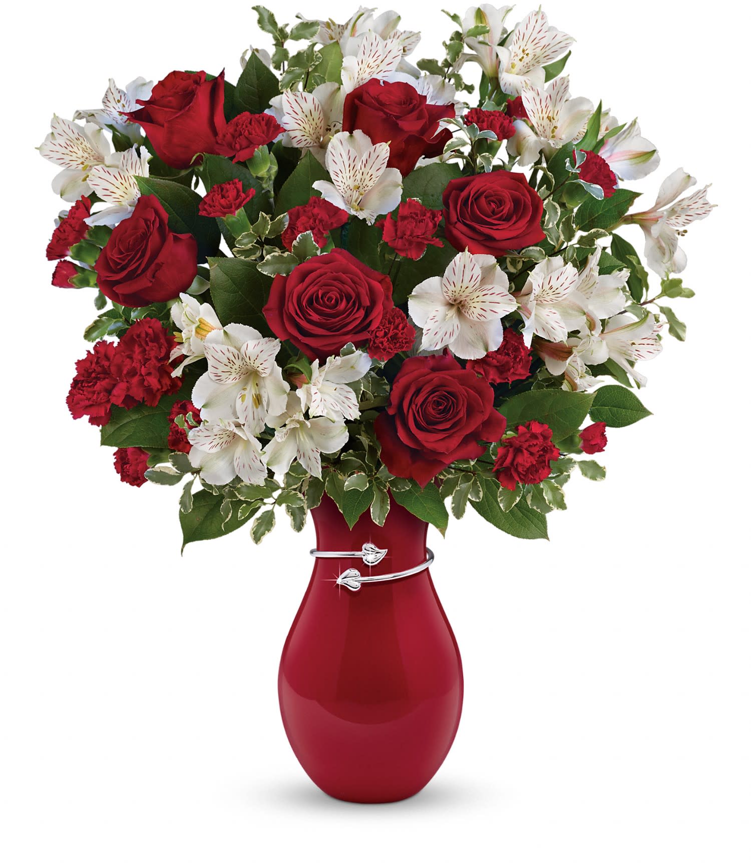Teleflora's Pair Of Hearts Bouquet PM - Two hearts that beat as one! A romantic tribute to your love, this Valentine's Day surprise is one that she'll never forget. Passionate red roses and delicate white alstroemeria look oh-so-lovely in this stunning, hand-glazed vase with a shimmering metallic hearts band. 