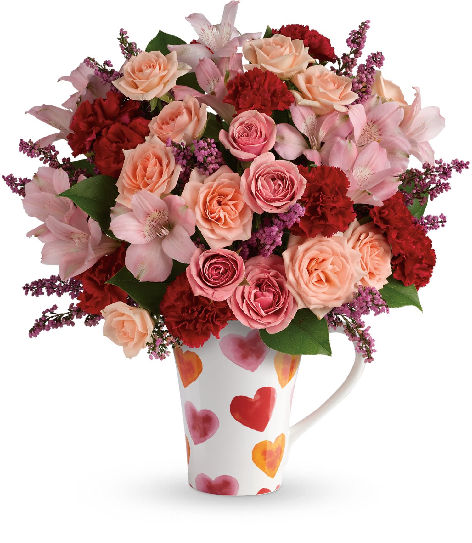 Teleflora's Lovely Hearts Bouquet DX - Cheerful, hand-applied watercolor hearts dance across this darling oversized food-safe mug, sending your wishes for a delightful Valentine's Day! Filled with a sweet array of peach, pink and red blooms, it's a heartfelt gift they'll enjoy today and sip from happily for years to come! 