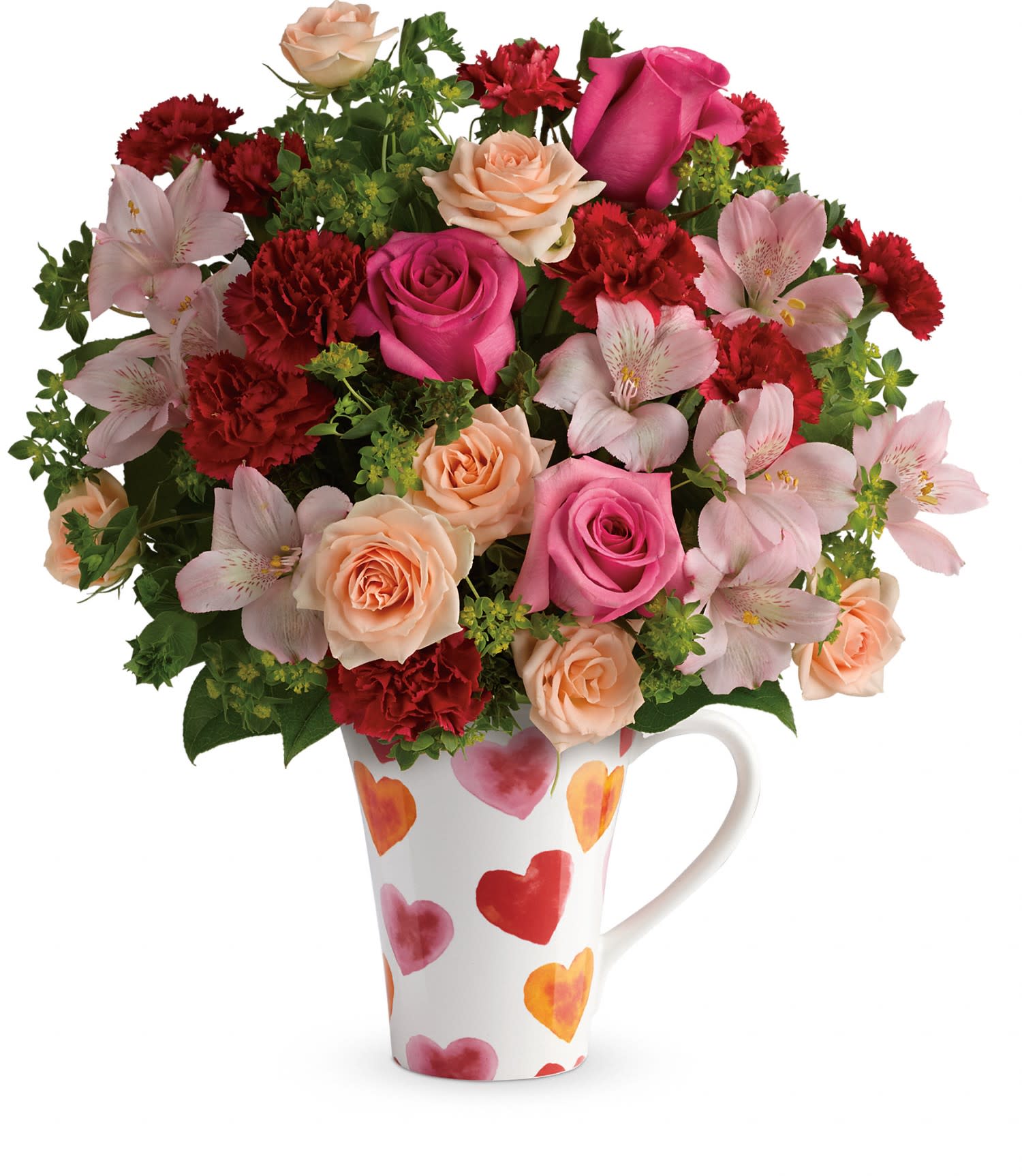 Teleflora's Hearts And Hugs Bouquet PM - Make their heart dance with this adorable Valentine's Day gift! Presented in a food-safe mug dotted with delightful watercolor hearts, this charming bouquet of pink and peach roses is a terrific 2-in-1 treat for any lucky loved one! 
