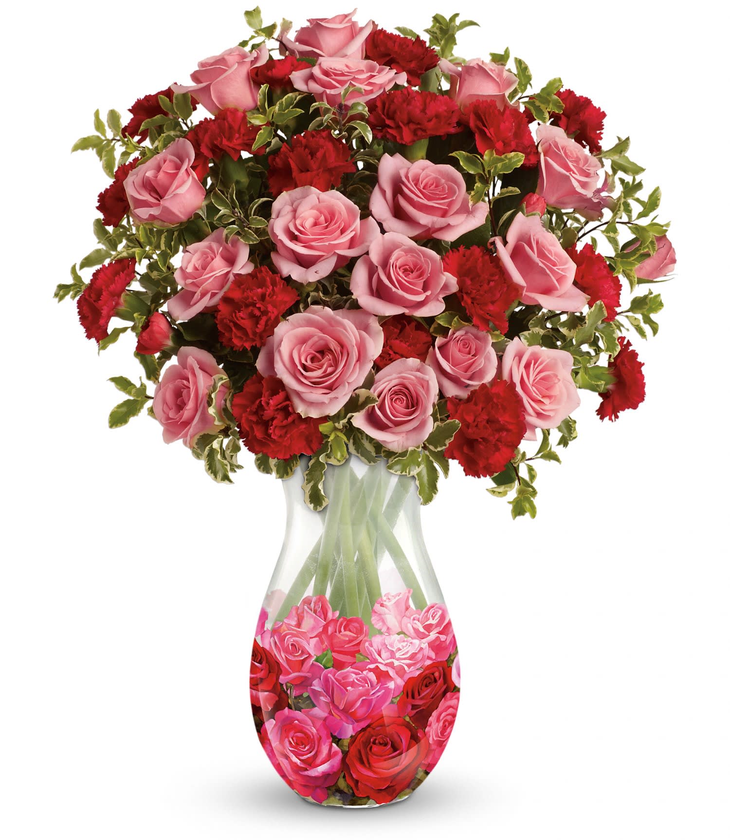 I'm Yours Bouquet by Teleflora DX - Perfectly pretty in pink! This charming bouquet is arranged in a lovely glass vase adorned with precious pattern of rosy blooms. 