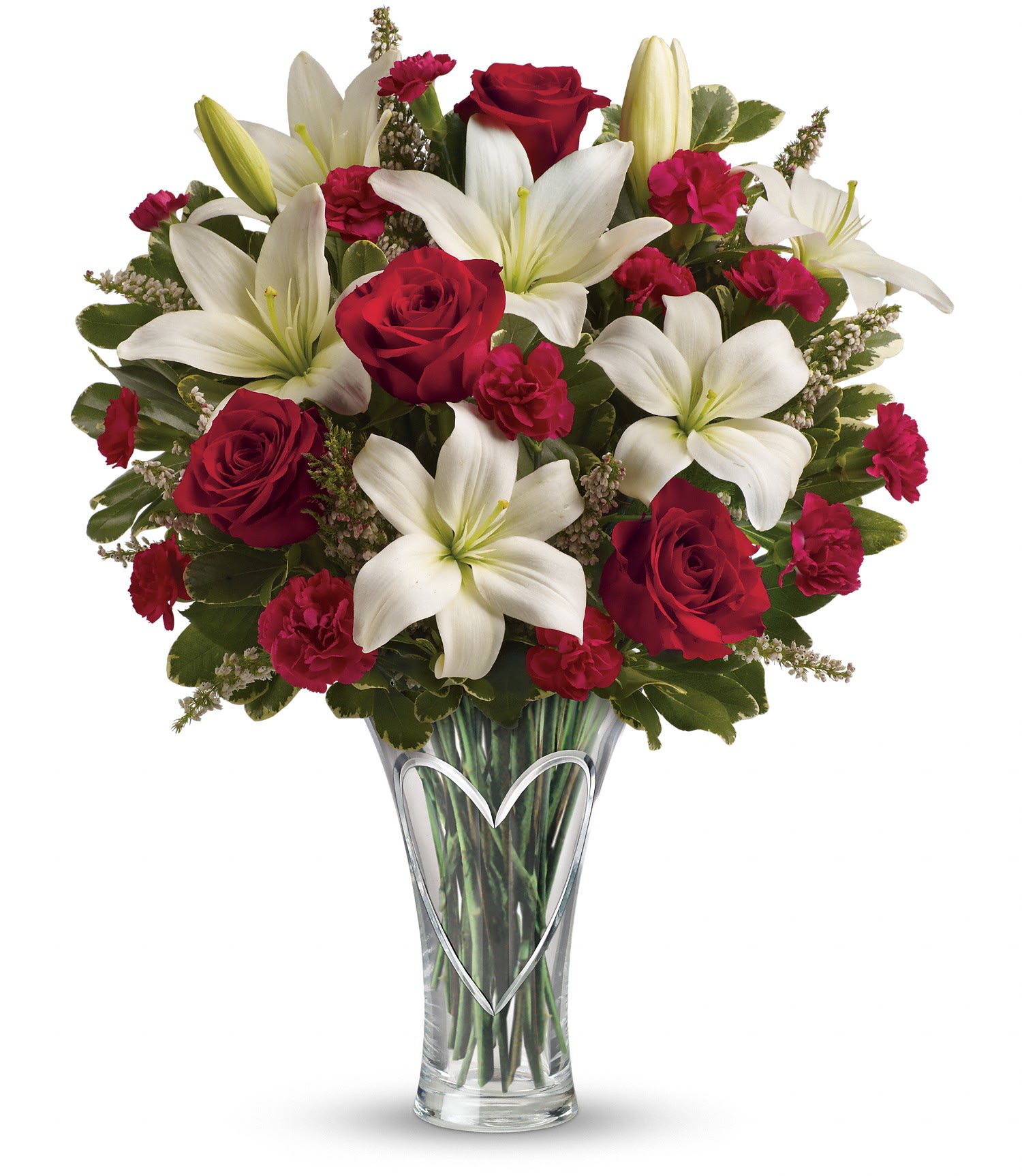 Teleflora's Heartfelt Bouquet DX Teleflora's Heartfelt Bouquet DX - This Valentine's Day, send her a gift that's heartfelt - and sure to set her heart aflutter! This dazzling mix of romantic red roses and fragrant, snow white lilies is hand-delivered in a beautiful hand-cut heart vase keepsake she'll enjoy all year long.