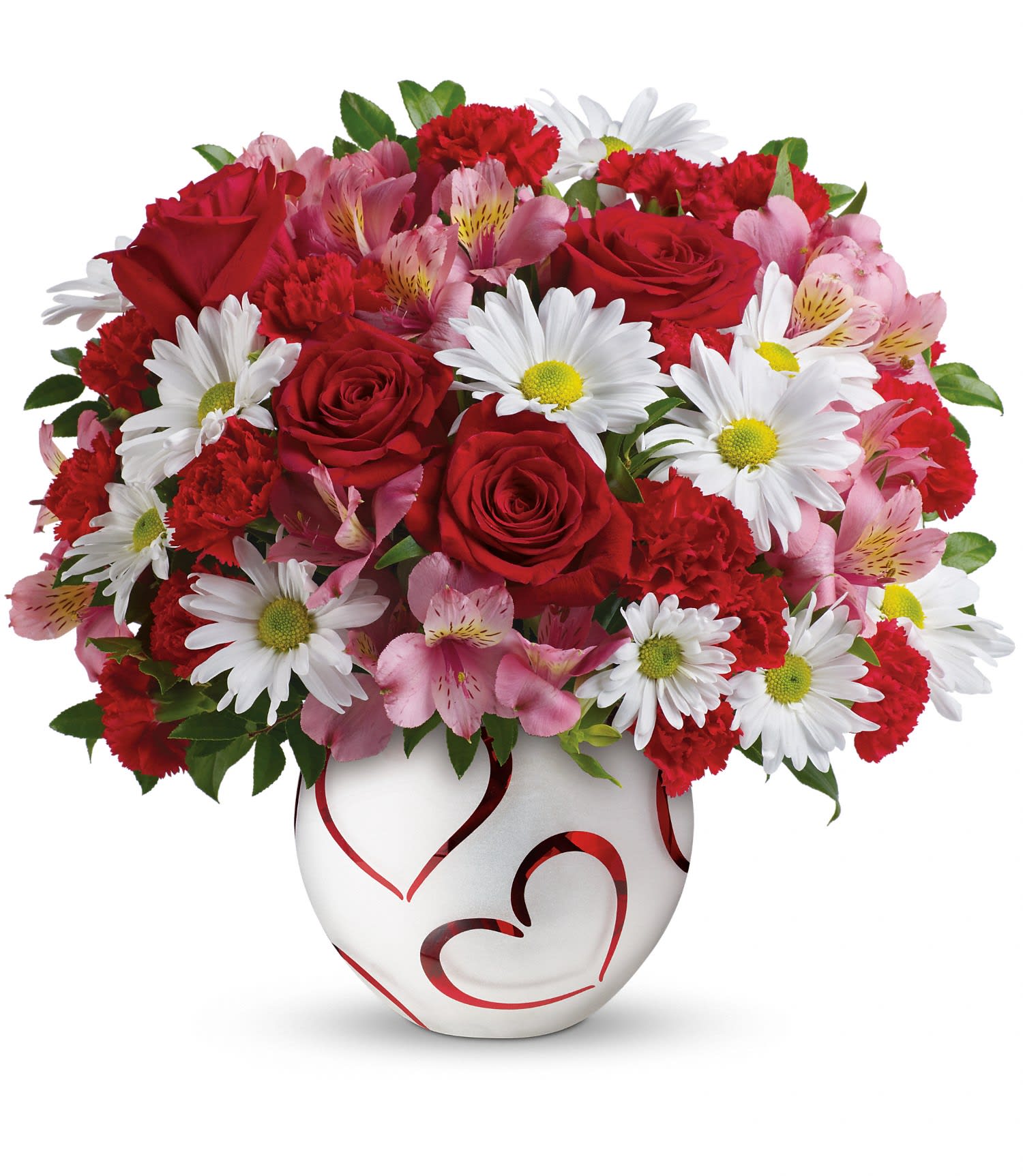 Teleflora's Heartfelt Bouquet PM - This Valentine's Day, send her a gift that's heartfelt - and sure to set her heart aflutter! This dazzling mix of romantic red roses and fragrant, snow white lilies is hand-delivered in a beautiful hand-cut heart vase keepsake she'll enjoy all year long. 