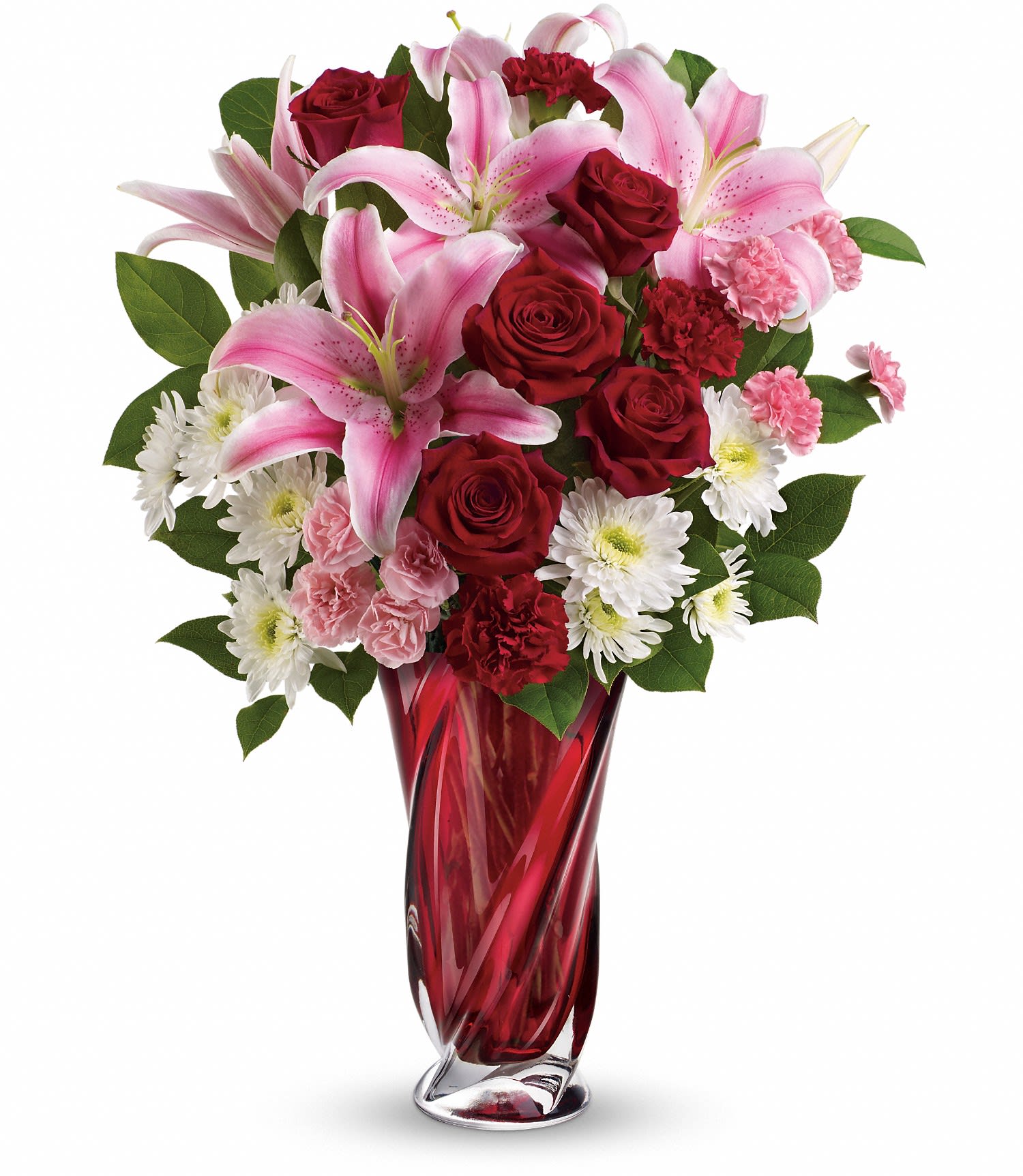 Teleflora's Swirling Beauty Bouquet DX - Show her the many colors of your love with this spectacular arrangement of romantic flowers. Hand-delivered in a stunning, limited-edition art glass vase, this bouquet of fragrant pink lilies, rich red roses and snow white chrysanthemums is truly a recipe for pure romance! 