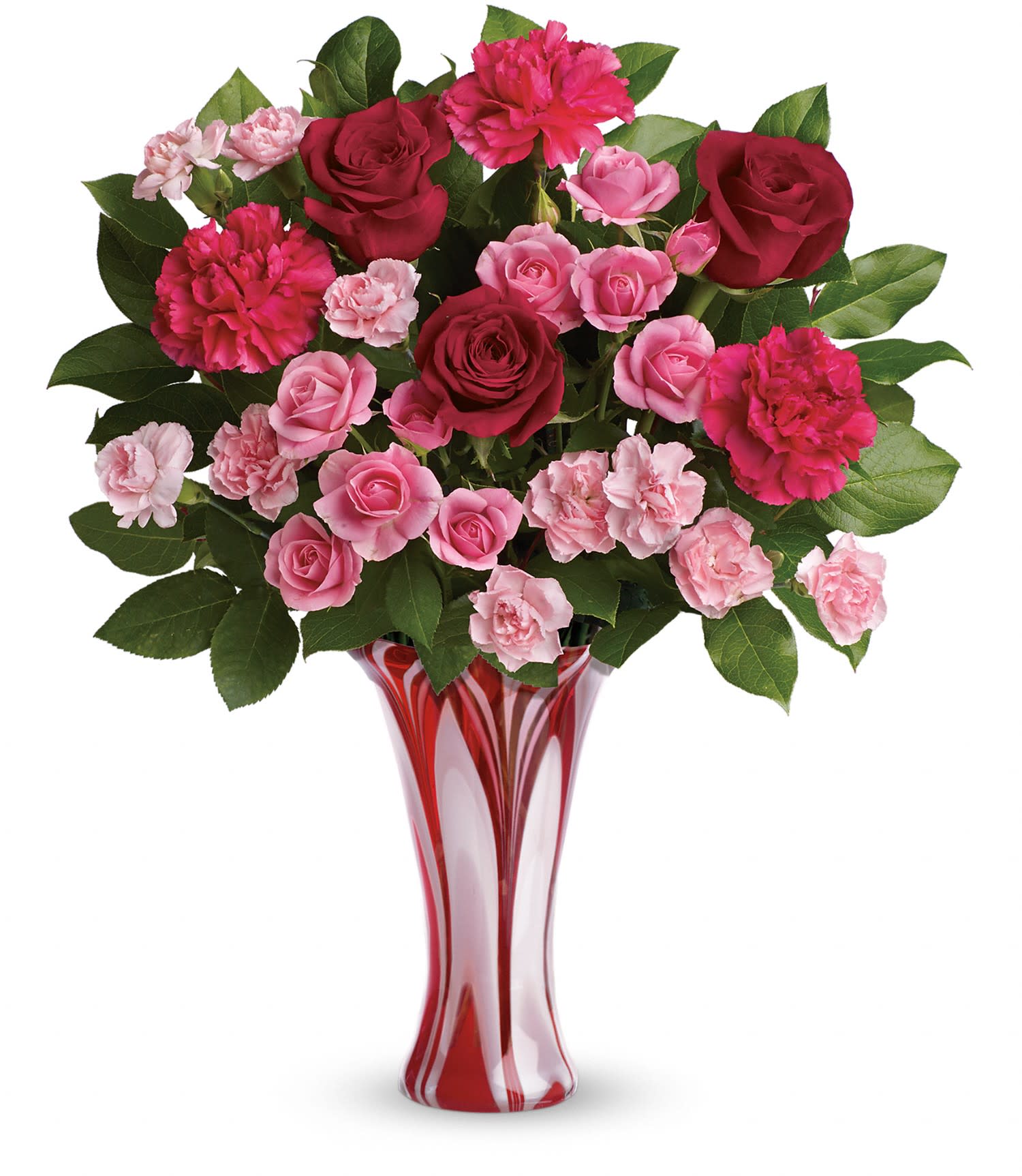 Teleflora's Swirls Of Love Bouquet - The art of romance! A gift in and of itself, this amazing art-glass vase is an exceptional showpiece for a dramatic bouquet of red and pink roses. 