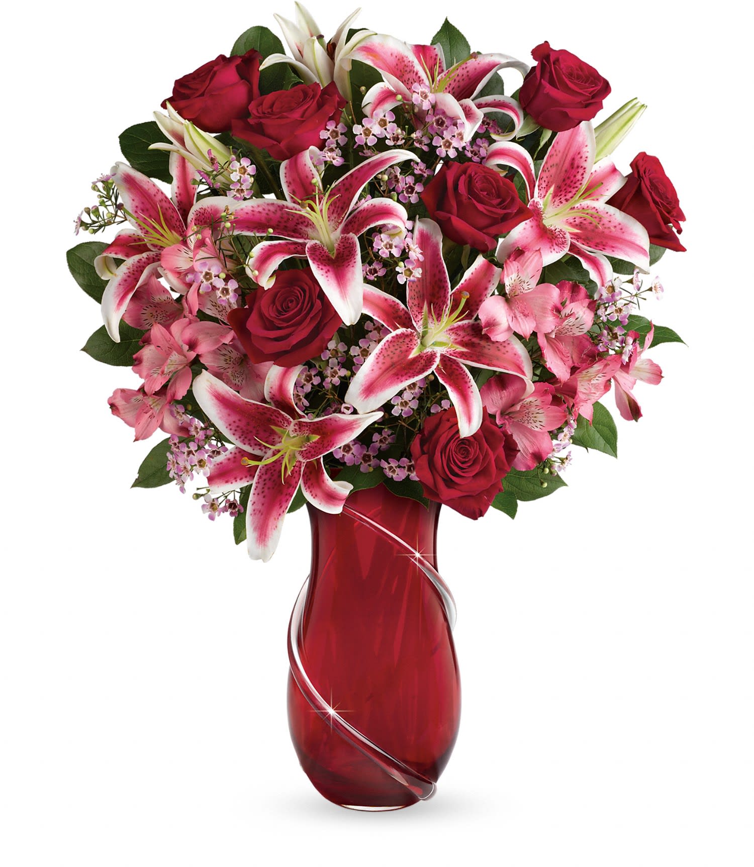 Teleflora's Wrapped With Passion Bouquet PM - The ultimate in Valentine's Day luxury! Inspired by Italian art glass, this exquisitely crafted hand-blown glass vase is a keepsake she'll treasure forever. Its graceful shape and sparkling, hand-applied glass ribbon are the perfect complement to this dramatic bouquet of romantic long stemmed red roses and fragrant pink stargazer lilies. 