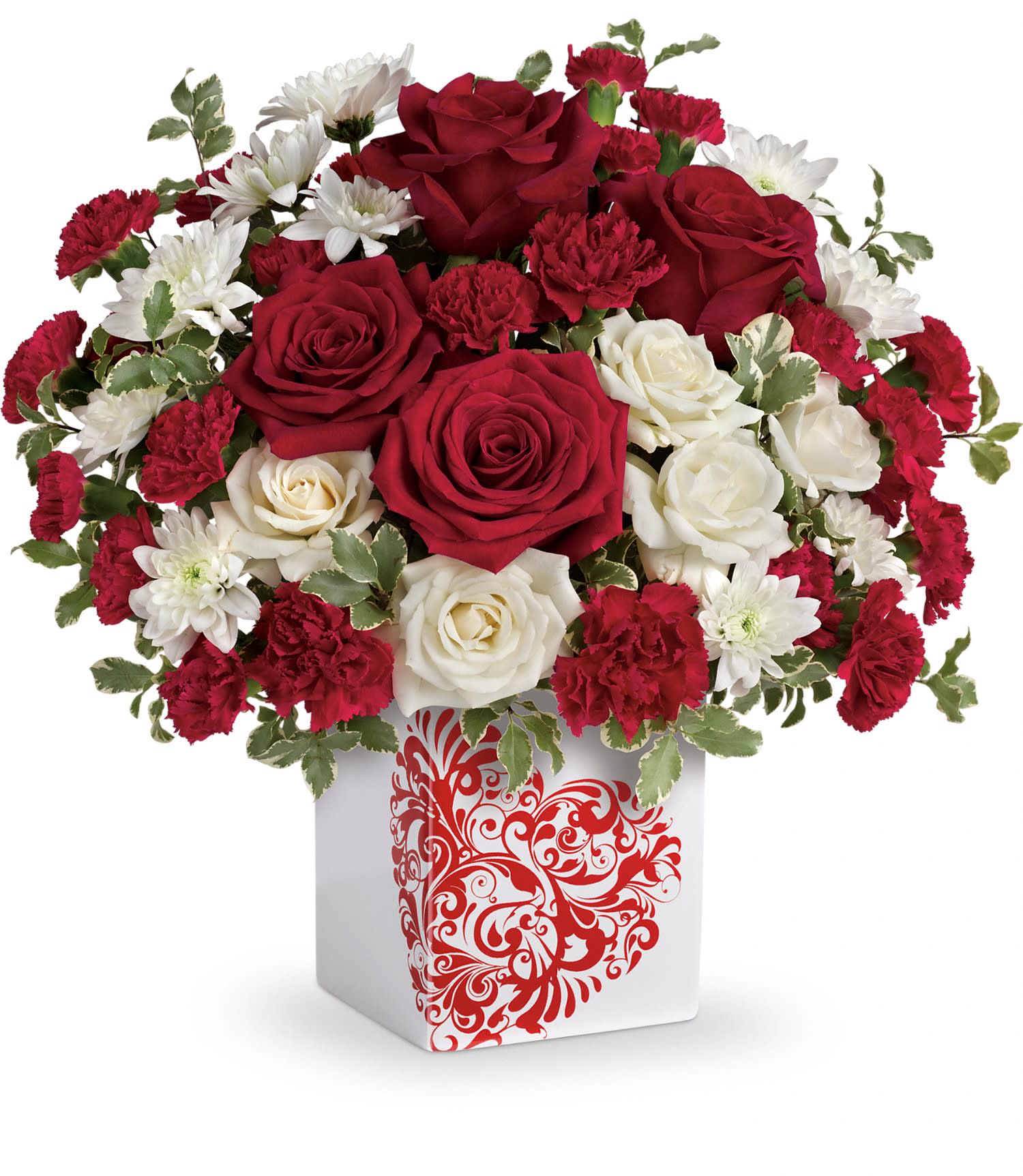 Teleflora's Best Friends Forever Bouquet PM - Celebrate Valentine's Day with this luxurious bouquet of red and white roses. Hand-delivered in a modern ceramic cube vase, its wrap-around heart graphic and sweet sentiment will brighten anyone's Valentine's Day! 