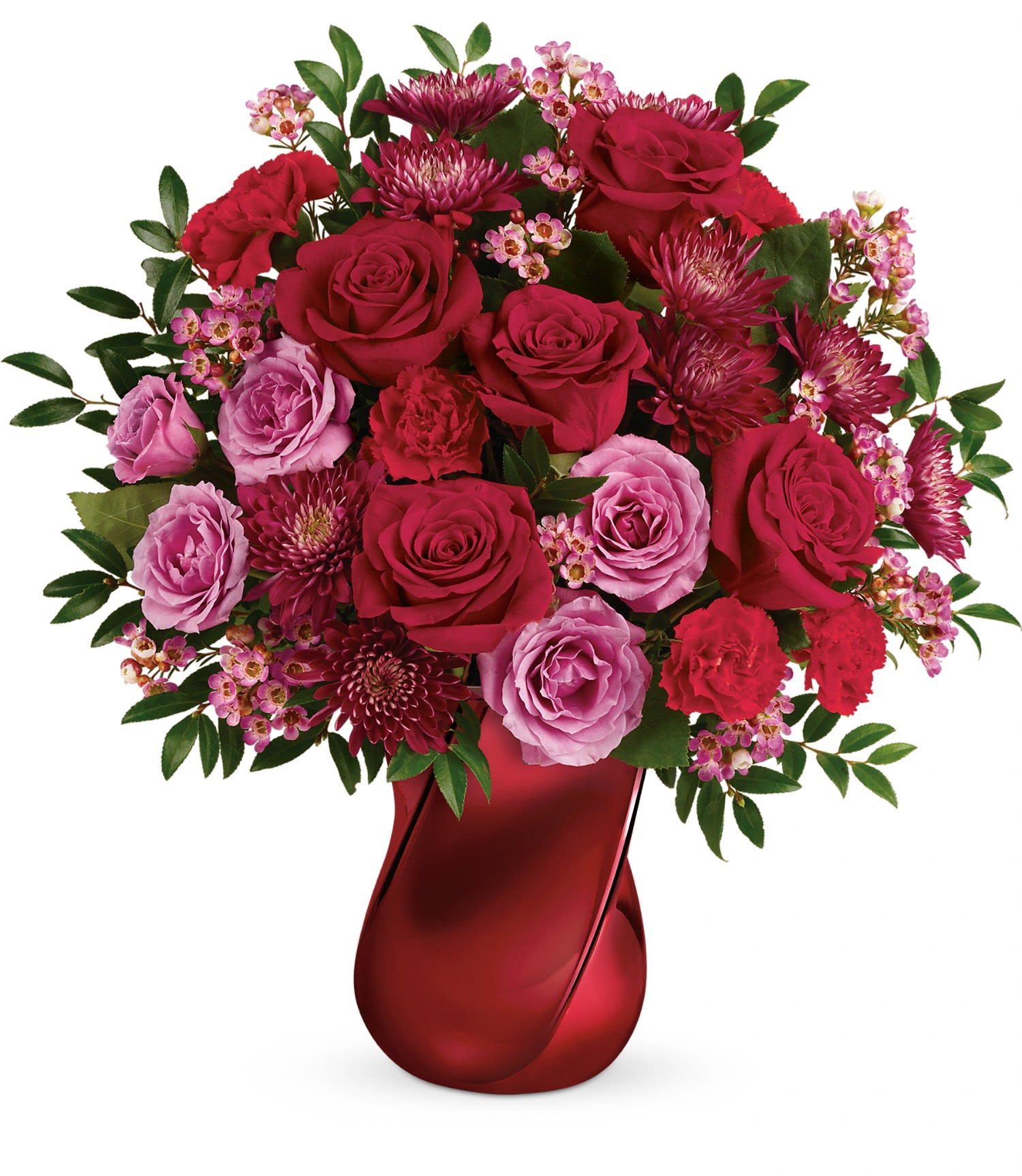 Teleflora's Mad Crush Bouquet PM - Spoil your crush this Valentine's Day with a luxurious red and lavender bouquet, arranged in a stunning crimson ceramic vase with modern twisted design. 