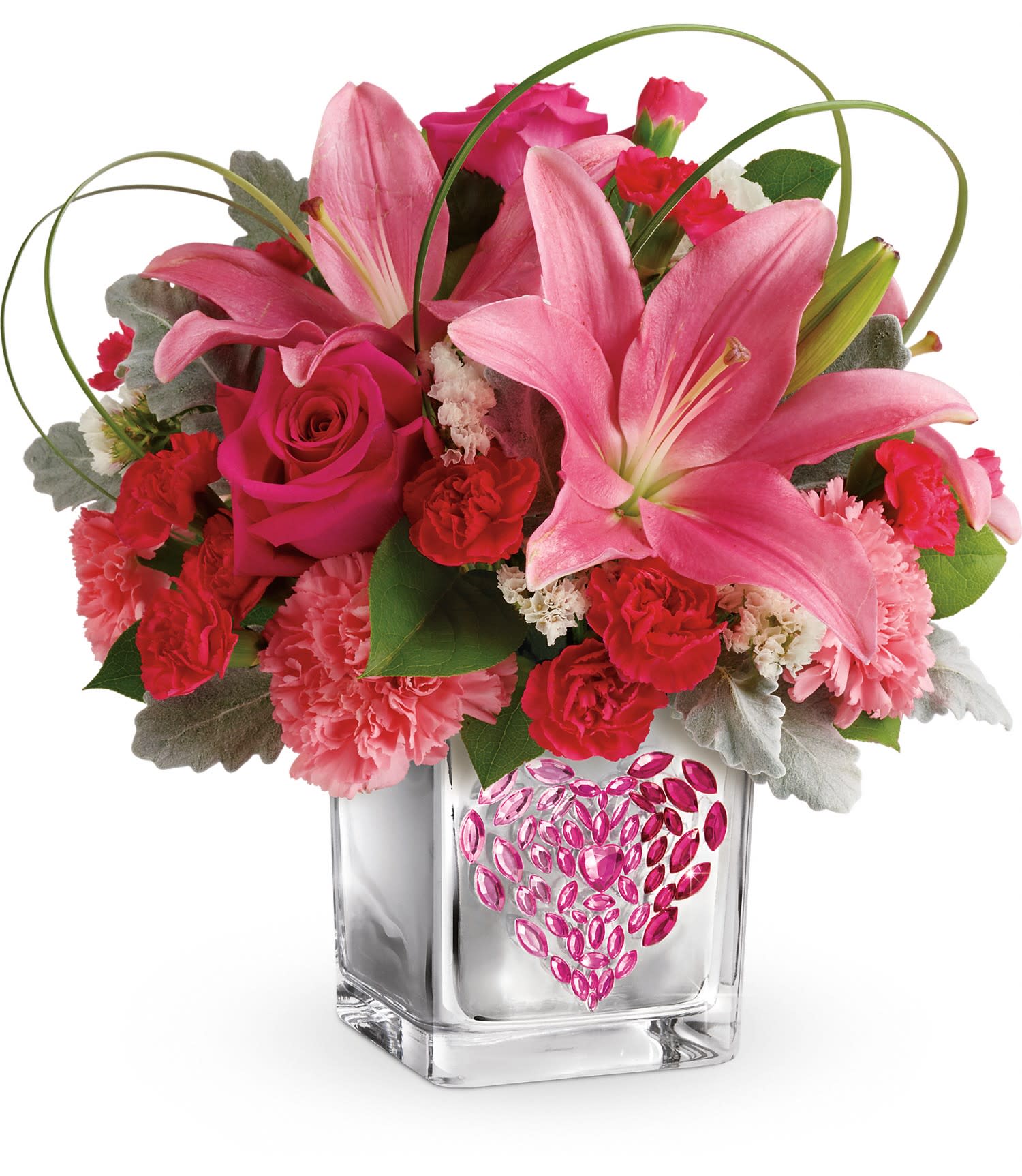 Teleflora's Jeweled Heart Bouquet DX - Your love is a gem. This Valentine's Day, tickle their fancy with a perky pink bouquet, presented in a mirrored glass cube with hand-applied, pink ombre jewels! 
