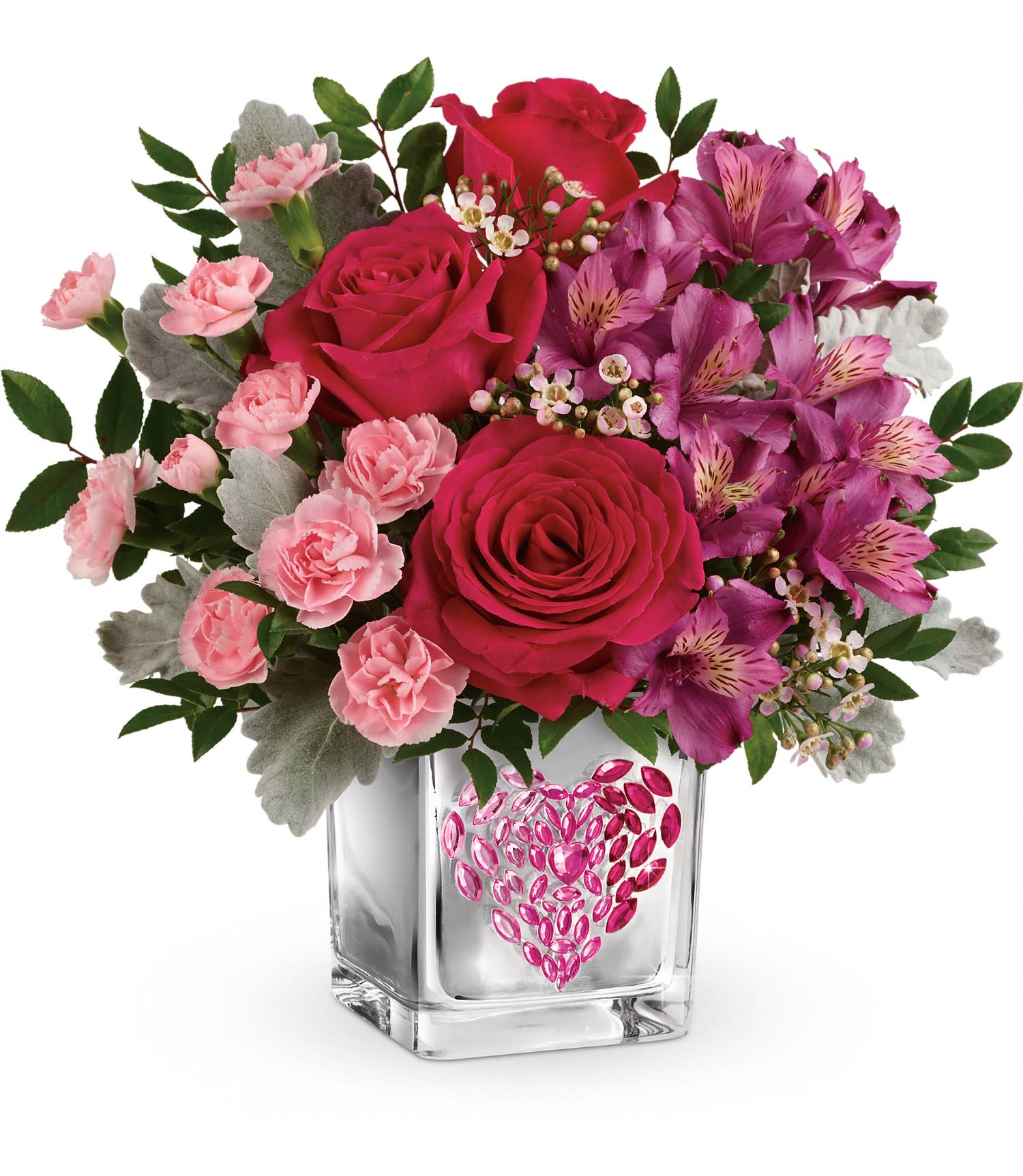 Teleflora's Young At Heart Bouquet DX - Celebrate your sweetheart with this hot pink bouquet, delivered for Valentine's Day in a shimmering mirrored cube with a pink ombre rhinestone heart! 