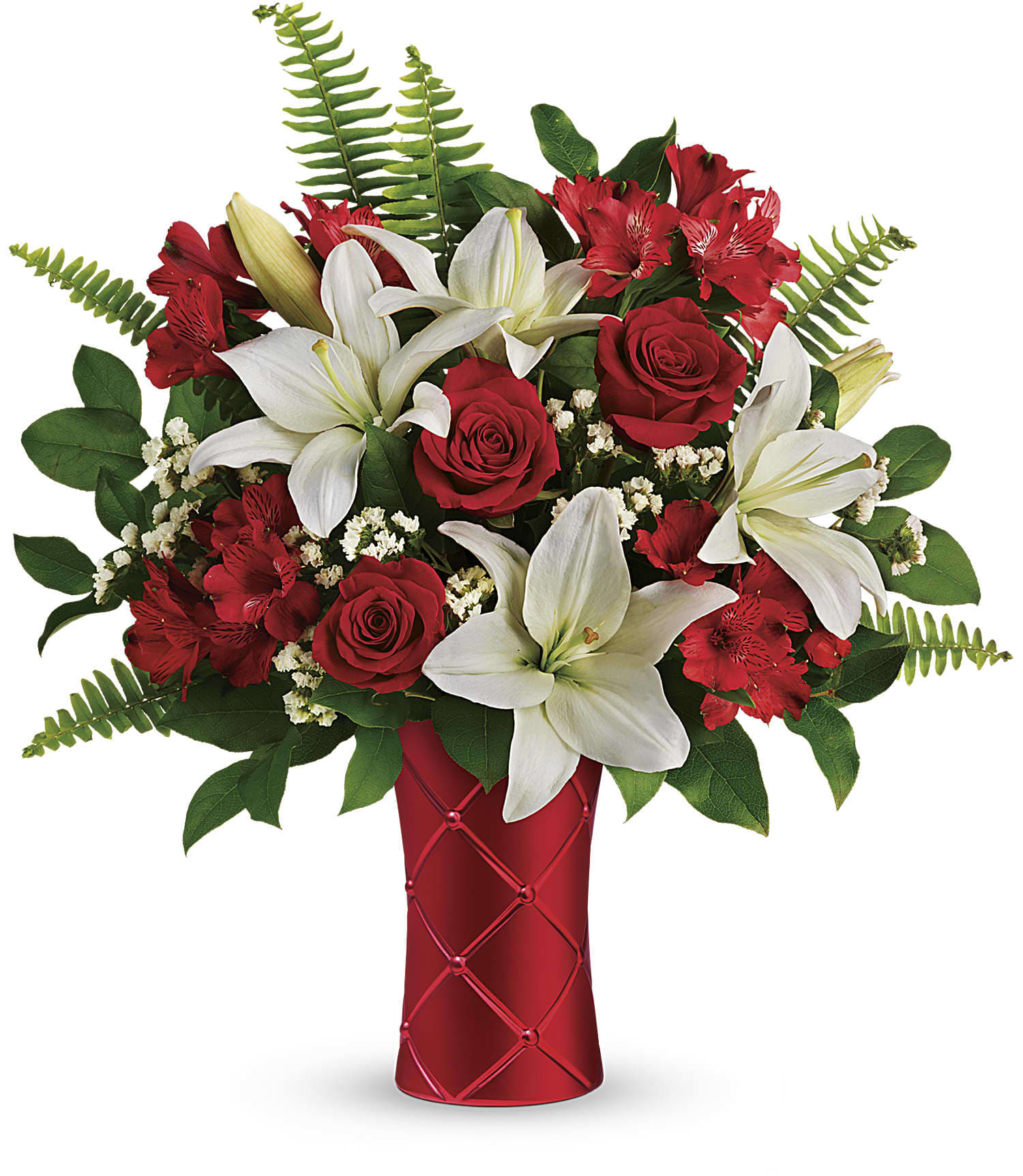 Teleflora's Sweetest Satin Bouquet - With its soft, satiny gloss and quilted pattern, this sensuous ceramic vase makes a passionate presentation of this romantic red rose and white lily bouquet! 
