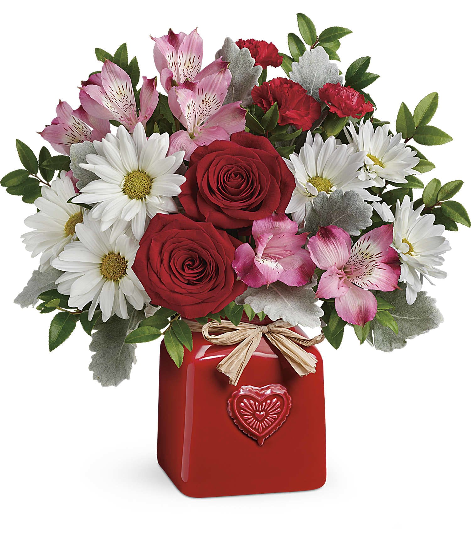 Teleflora's Country Sweetheart Bouquet - Sweet as can be! Surprise your sweetheart with this cute, country-style bouquet of red roses and white daisies, delivered in a cheerful ceramic crock with embossed heart and Italian raffia bow. 