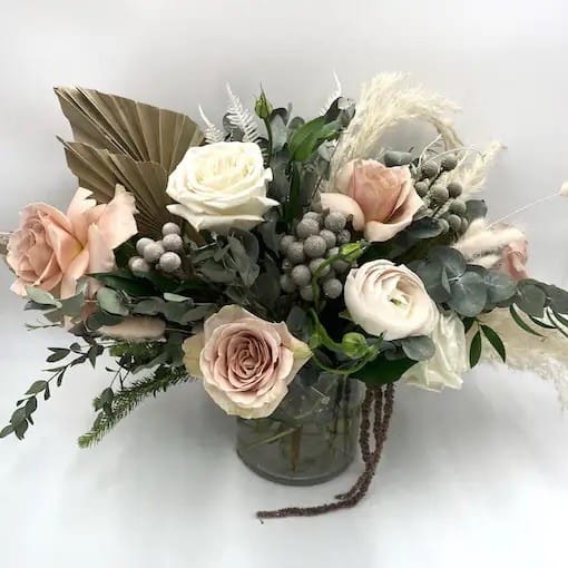 Starry Dried Night - Great for somebody special in your life who would appreciate a floral display, the Starry Dried Night is a stunning show of your affection. These lush blooms are arranged with care into a Glass vase a lovely centerpiece that features roses, dry Flowers, Pampas, and more!    The bouquet pictured reflects our original design for this product. While we always try to follow the color palette, we may replace stems to deliver the freshest bouquet possible, and we may sometimes need to use a different vase.    We have a simple goal – delight our customers with flowers that are high quality, fresh, and beautiful. While we may occasionally need to substitute for color or flower variety, we promise that the blooms you receive will be fresh and wow you or your gift recipient. 