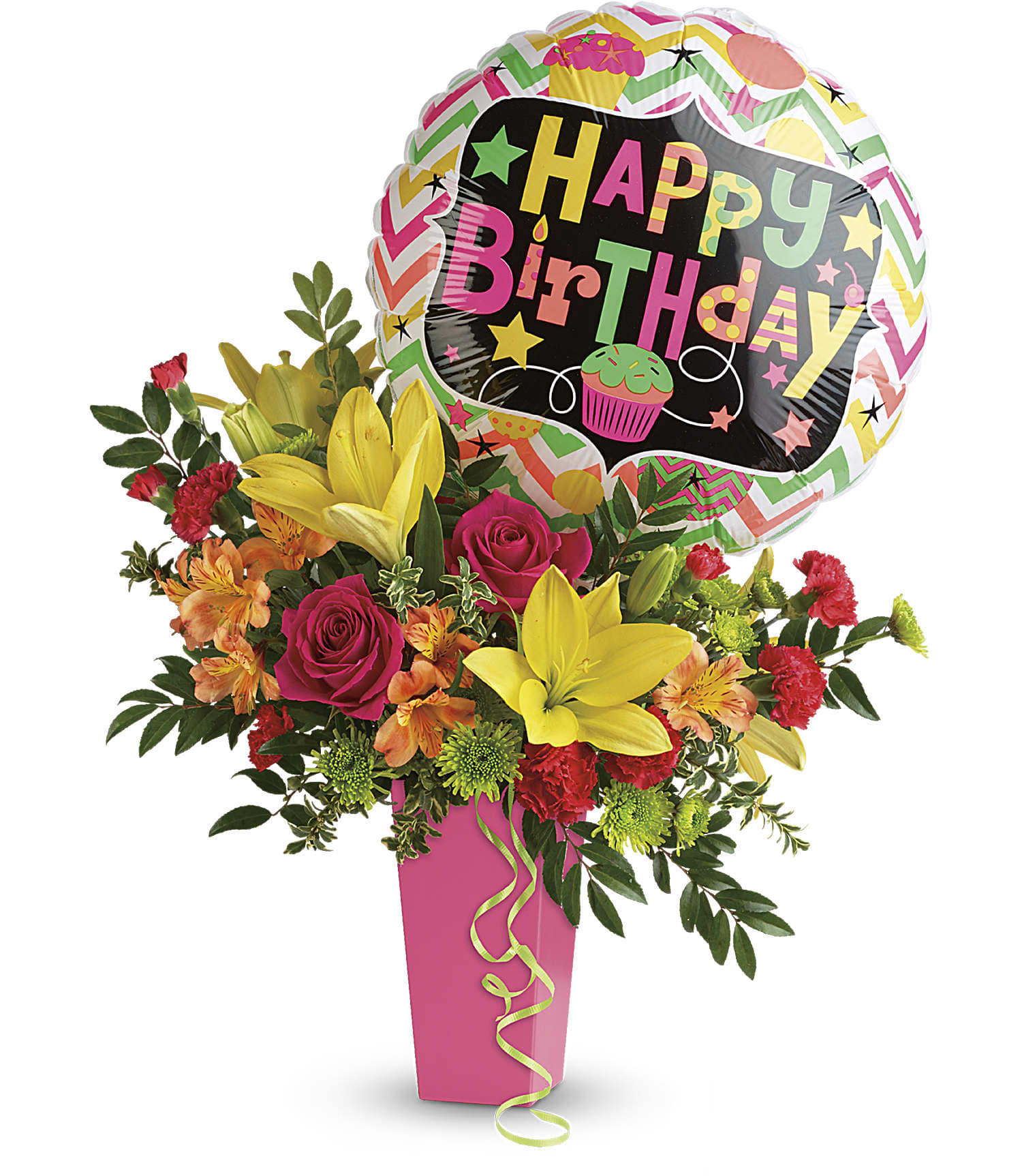 Birthday Bash Birthday Bash - No birthday bash is complete without a surprise delivery of beautiful blooms! This festive bouquet of hot pink roses and sunny yellow lilies is topped with a fun Happy Birthday balloon for a gift they'll never forget. This celebratory arrangement includes hot pink roses, yellow asiatic lilies, orange alstroemeria, red miniature carnations, green button spray chrysanthemums, huckleberry, and oregonia. Delivered in a raspberry tapered vase. Approximately 19" W x 25" H