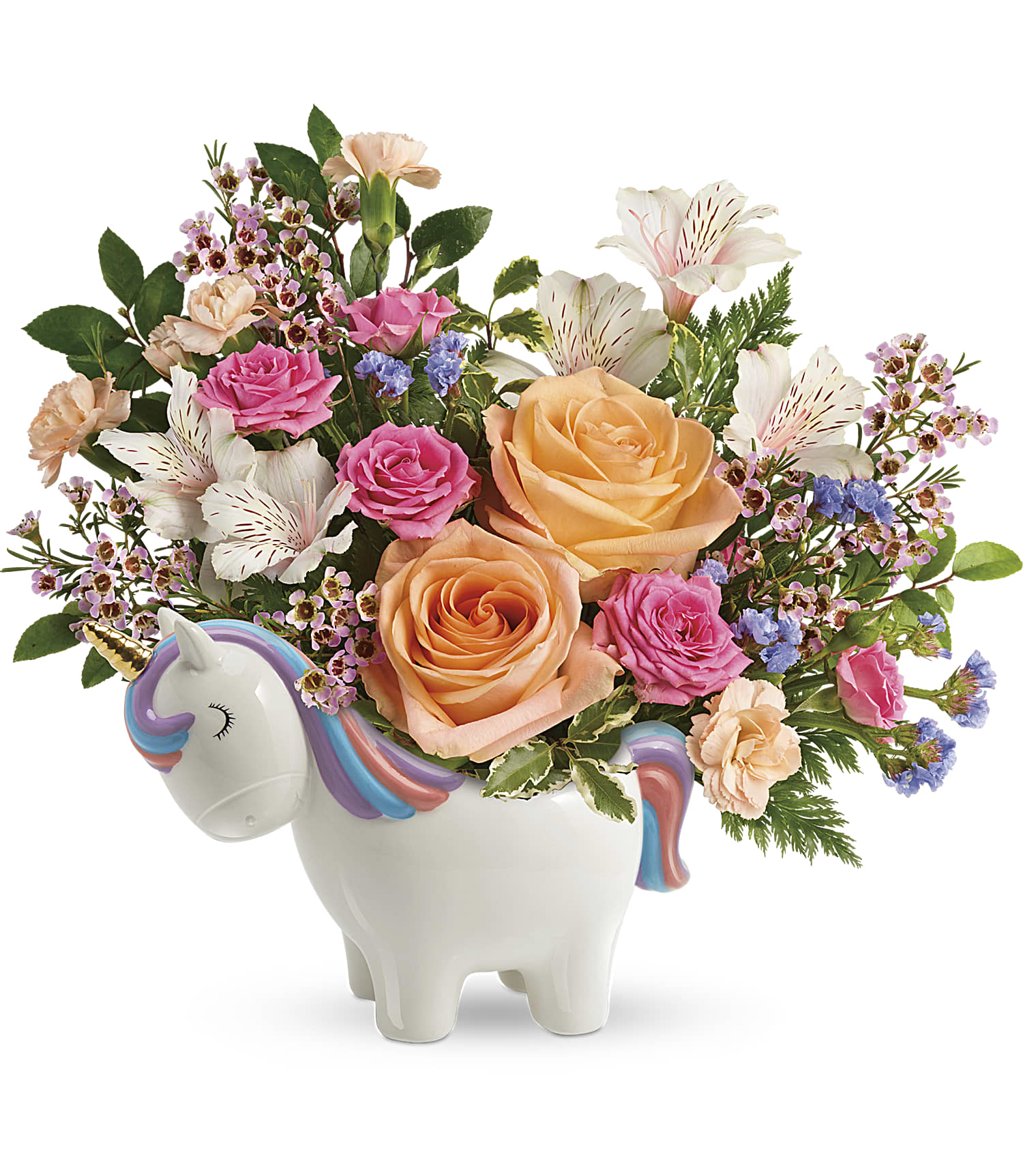 Magical Garden Unicorn Magical Garden Unicorn - Nothing's sweeter than this delicate and magical rose bouquet, carefully arranged in this charming, hand-painted ceramic unicorn keepsake! Peach roses, pink spray roses, white alstroemeria, peach miniature carnations, blue sinuata statice, and pink waxflower are accented with huckleberry and pitta negra. Delivered in a Charmed Unicorn Keepsake. Approximately 12 3/4" W x 11 3/4" H