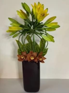 Lily Circle #EF209 - Bundle of lilies bend to create an egg shape arrangement in a oval shape ceramic fall leafs &amp; Brown Cymbidium Orchid One of a kind arrangement , You may choose other colors