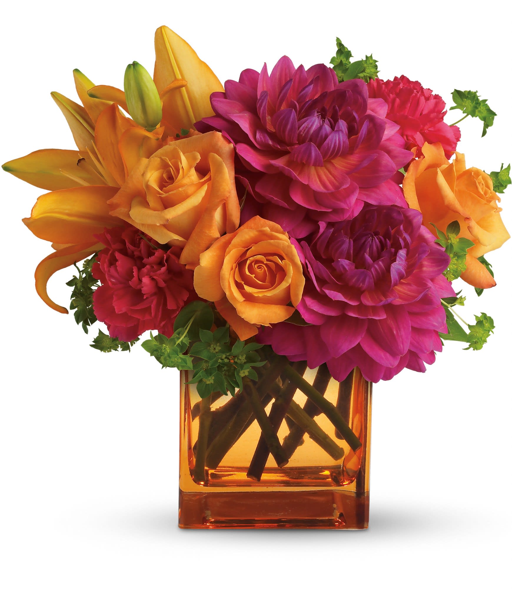 Summer Chic - Hot times require haute arrangements. Look no further because this vibrant vase full of vivacious flowers has va-voom written all over it.   Light orange roses, orange asiatic lilies, hot pink dahlias and carnations are delivered in a dazzling cube vase. Chic? For sure! Approximately 10 1/2&quot; W x 11&quot; H 