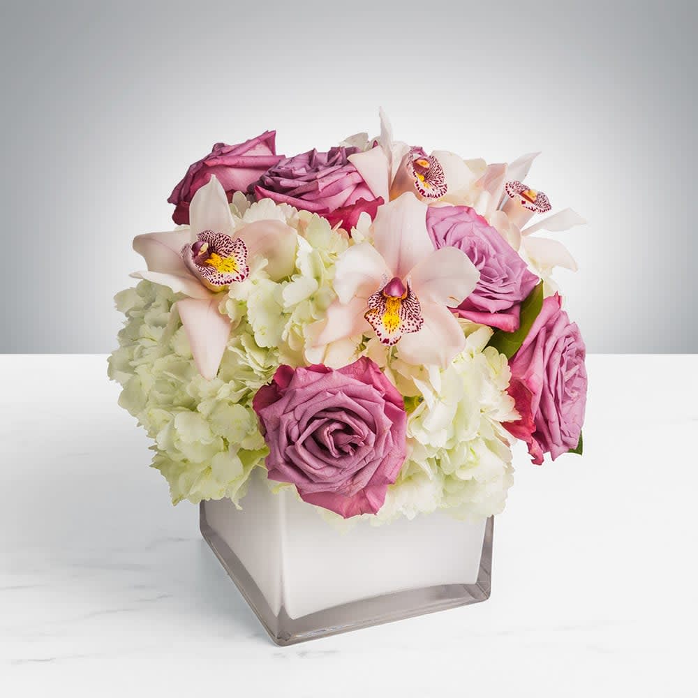 Pop of Lavender - Our most popular arrangement! Pop of Lavender is the perfect gift.  Arrangement Details: Includes white cymbidium orchids, lavender roses, and white hydrangea.  APPROXIMATE DIMENSIONS:10&quot; H X 11&quot; W X 11&quot;L