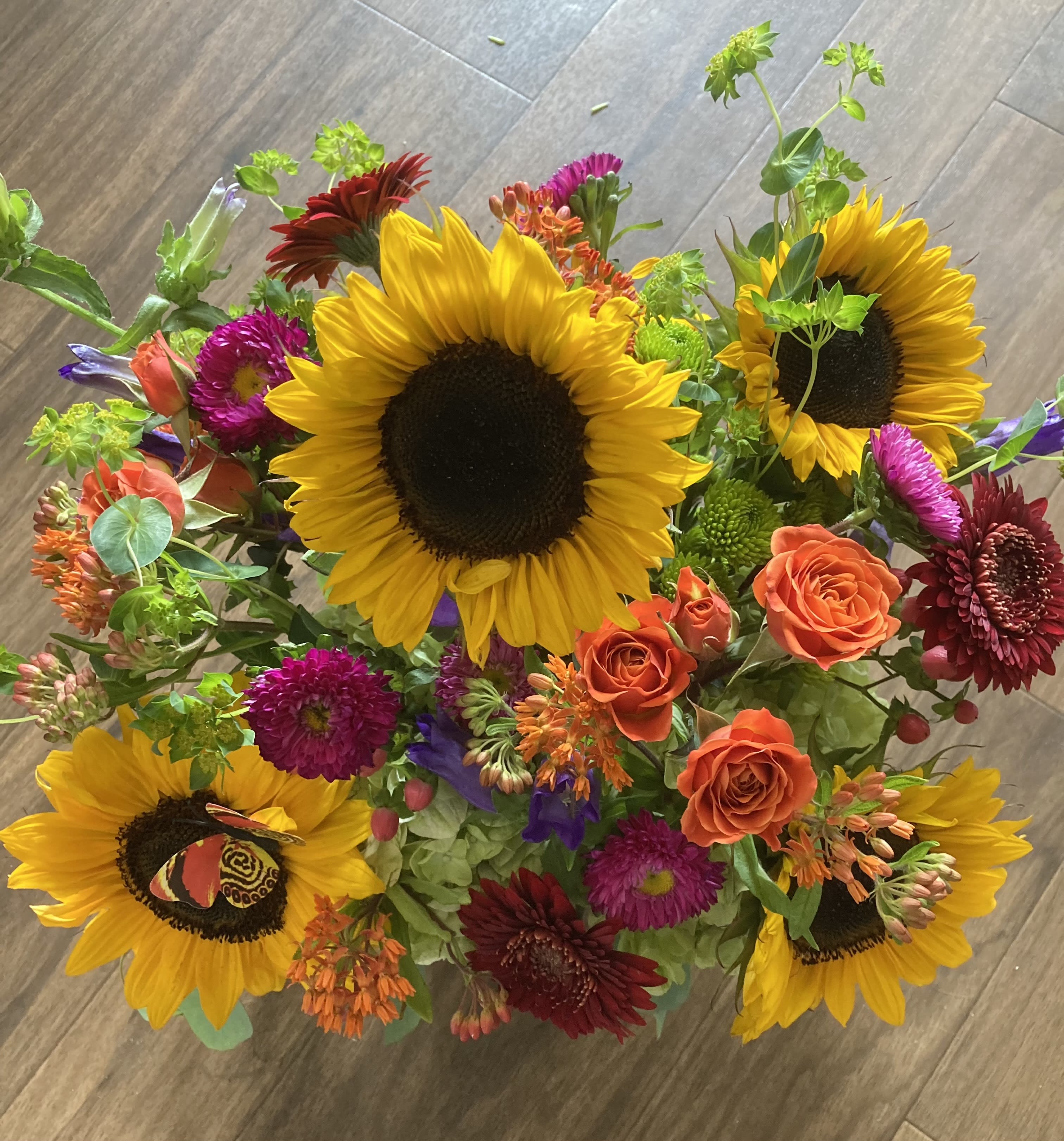 Good Morning Sunshine! - A colorful mixed bouquet with sunflowers (only when available), spray roses, gerberas, spray roses, and asters. A summertime or autumn, cheerful bouquet.