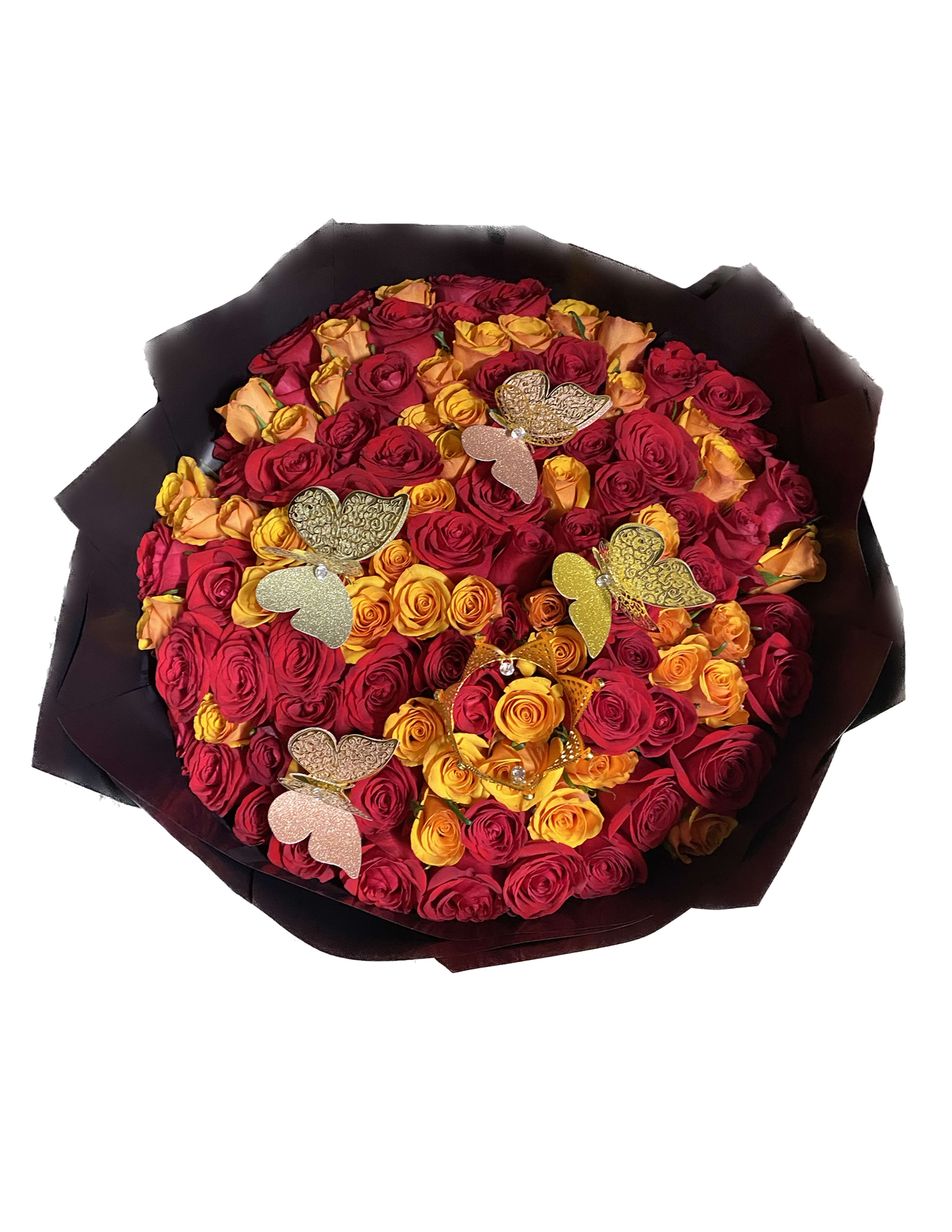 100 Fresh Roses wrapped in Decorative Wrapping  - 100 Fresh Roses wrapped in Decorative Wrapping  Approximately 30&quot; H x 24&quot; W  Mixed-colored roses based on availability unless otherwise requested or specified