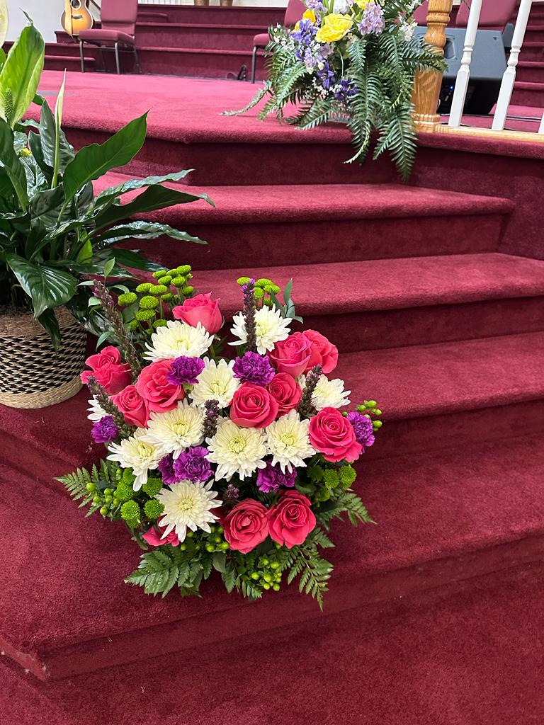 SIMPATHY LOVE - PINK ROSES, PURPLE CARNATION, DEISIS WAITH,CHERRYS GREEN, LEATHER LEAG,GREEN POMPOMS,LEMON LEAF