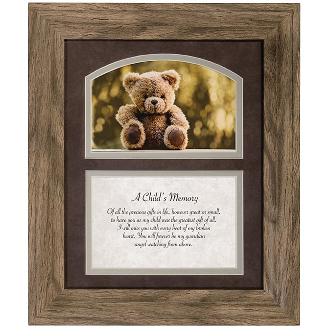 A Child's Memory Comfort Framed Prayer 12&quot;H x 10&quot; W - Our framed remembrance pieces are made of durable polyresin and glass. They also feature a velvet easel back and a triangle hanger. Personalization is possible by swapping out the artwork for a 4&quot; x 6&quot; photograph. The saying reads: &quot;Of all the precious gifts in life, however great or small, to have you as my child was the greatest gift of all. I miss you with every beat of my broken heart. You will forever be my guardian angel watching from above.&quot;