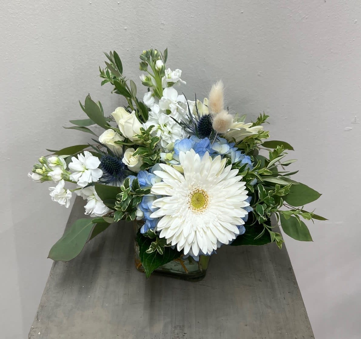 Blue &amp; White Delight - Delightful Blue Hydrangeas, White Gerbera Daisies, White Spray Roses, White Stock, Bunny Tail and assorted greenery in a clear cube vase.