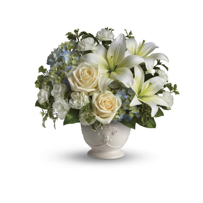Beautiful Dreams by Teleflora - This French country style sympathy arrangement communicates your condolences in a most heartfelt way. It's a lovely choice when you want to send flowers to family or friends. A beautiful bouquet of blue and white sympathy flowers - blue hydrangeas, crème roses, white miniature carnations, fragrant white Asiatic lilies and green pitta Negra - are delivered in a French Country Pot. Orientation: All-Around