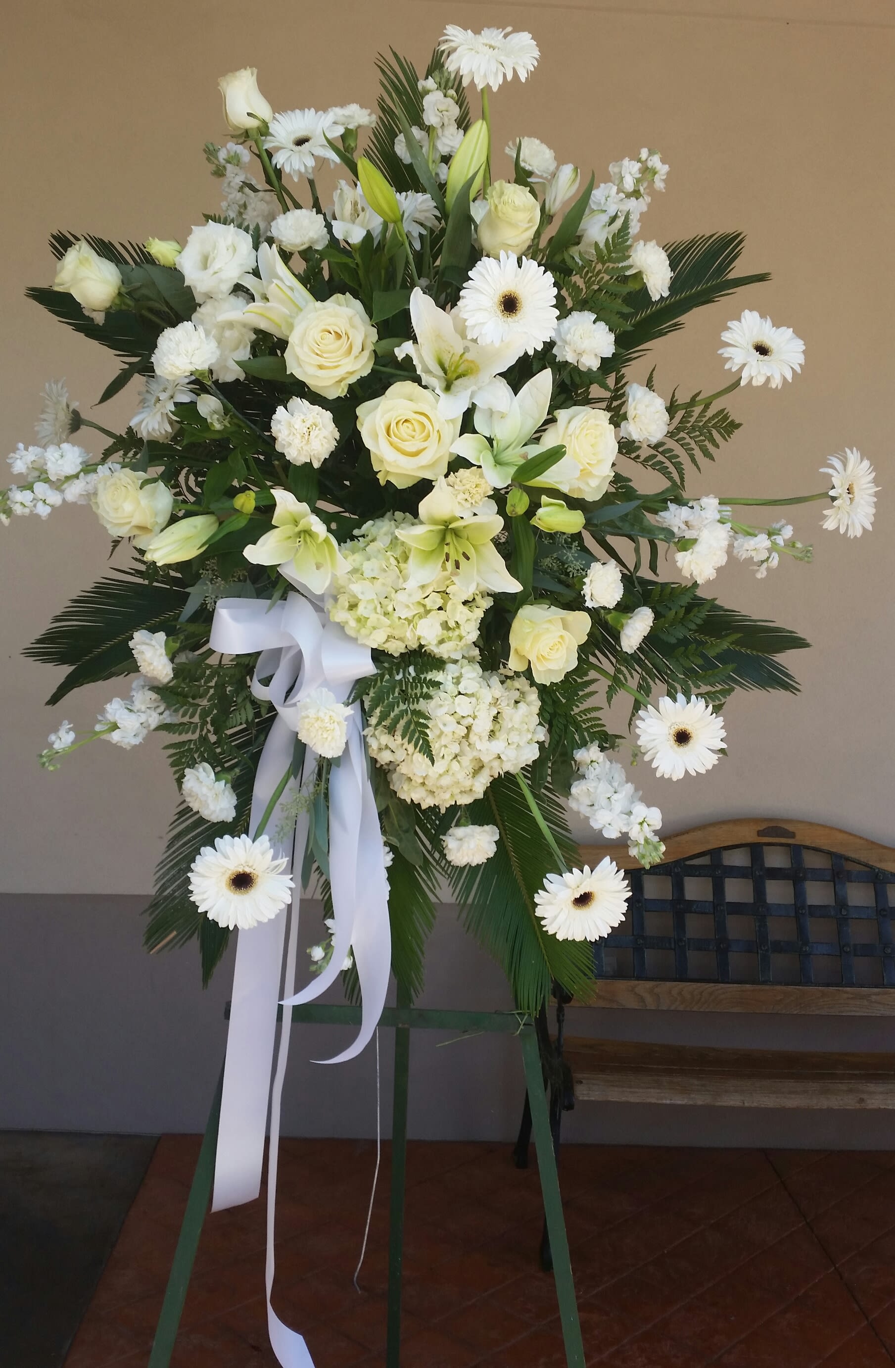 Rose, Hydrangea, Lilies and Carnations by Charlene - Large standing spray with white flowers for Funeral service, You can add banner $25.
