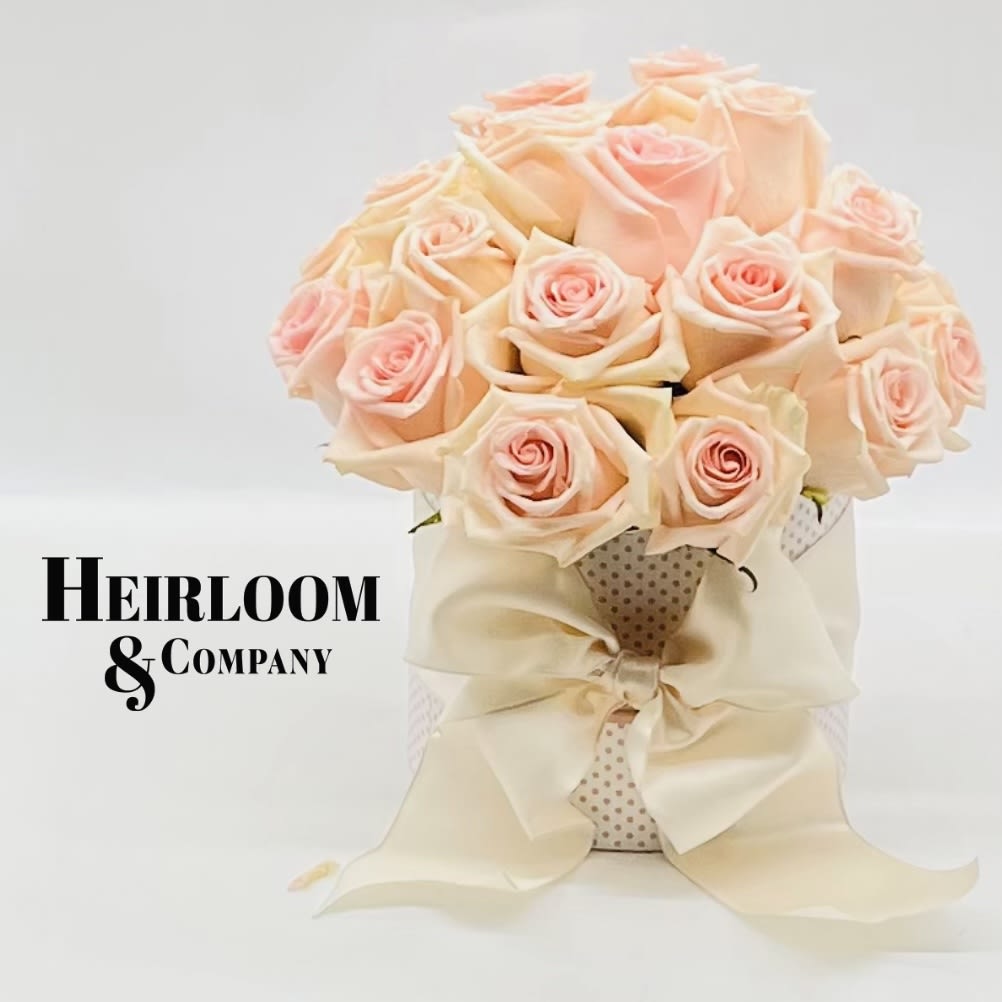 The perfect Blush Garden Rose Arrangement - This year’s favorite is this adorable blush polka dot hat box, presented filled with 20-25 fresh premium Hand selected garden roses in the pretttiest shade of Blush! Wrapped up in a giant fluffy satin ivory bow, we have not come across anyone who isn’t totally obsessed with it!