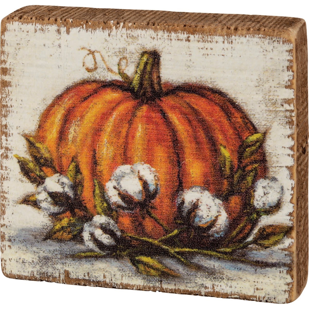 Orange Pumpkin Block Sign - A wooden block sign featuring an orange pumpkin with cotton stem details. Design is replicated from original artwork painted onto burlap canvas, giving the art a unique depth and texture. Easy to hang via predrilled keyhole slot or can free-stand alone.