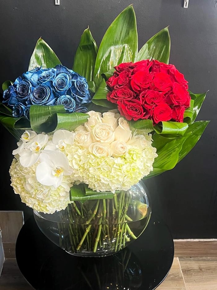 Diamante - White, Blue and Red Roses, Hydrangeas, Green Foliage, Fish Bowl