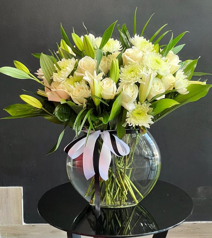 White House - 24 Roses, Chrysanthemums, Lilies, Foliage, Crystal Base 