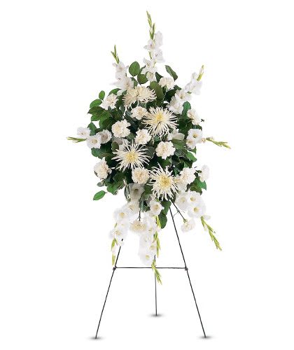 White Promises Standing Spray - This traditional spray, filled with white carnations, chrysanthemums and gladoli, makes the promise that love is eternal.