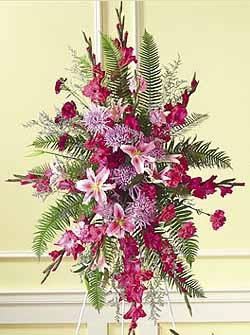 Standing Tribute - The monochromatic colors of this spray will honor any loved one. Pink and lavender Oriental lilies, gladiolas, mums, and sword fern, make up this beautiful tribute.