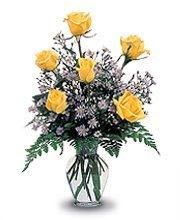 6 Yellow Roses  - Six long stem beautiful yellow Ecuadorian roses designed in a clear glass vase with assorted greenery and filler flowers. These yellow roses are sure to brighten someone's day!