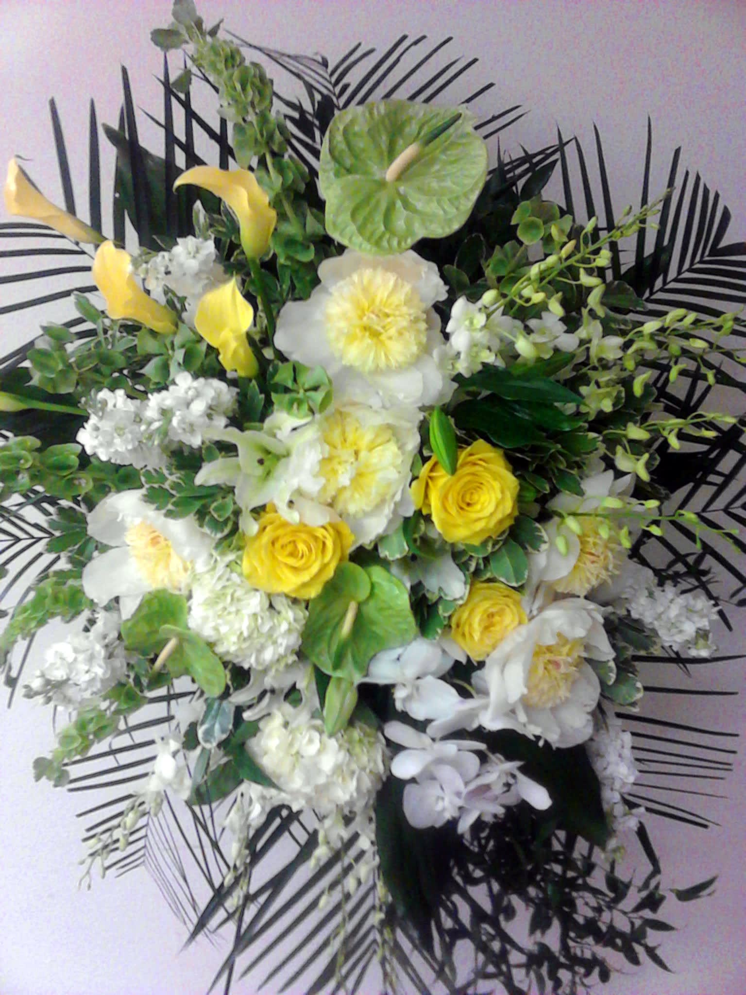 Eternity, MO-203 - Funeral spray with peonies, orchids, calla lilies, bells of Ireland, roses, and anthurium. Extra large!