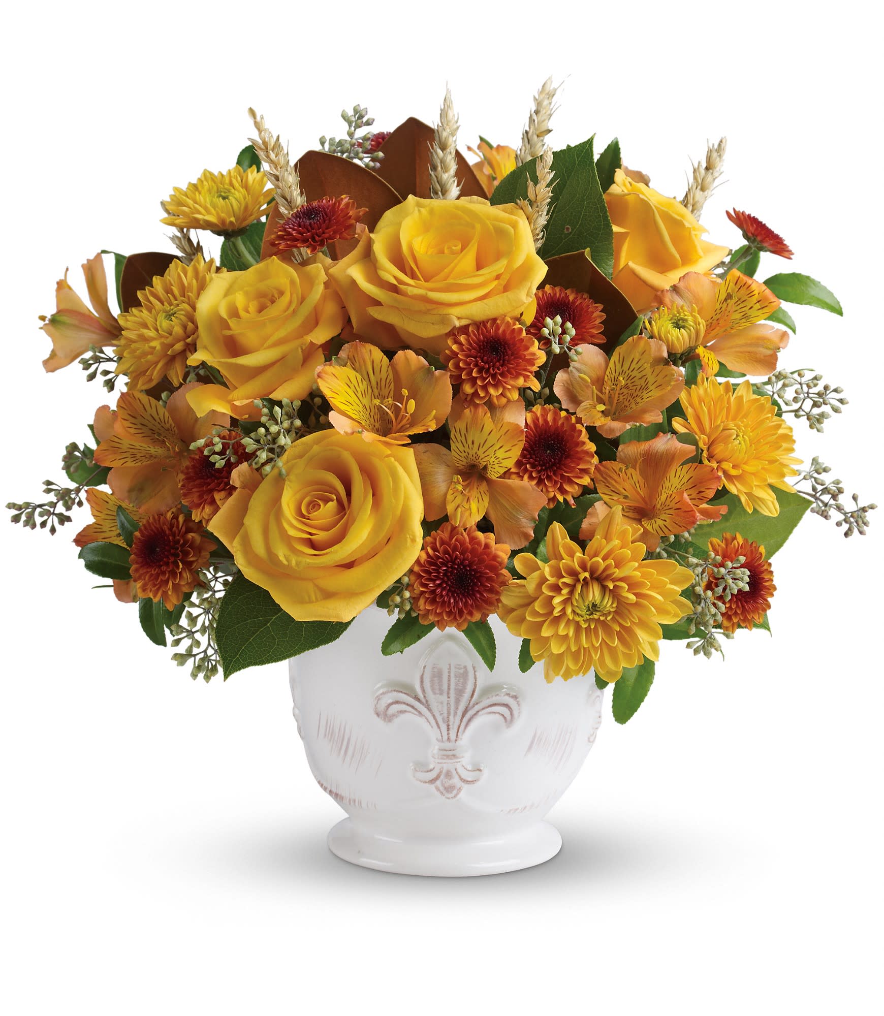 Teleflora's Country Splendor Bouquet - Lush yellow roses, yellow alstroemeria, bronze button chrysanthemums and gold cushion chrysanthemums are arranged with greens including magnolia leaves, huckleberry, seeded eucalyptus, lemon leaf and natural wheat. Delivered in a charming French Country pot. Approximately 13&quot; W x 12&quot; H. TFL06-1A 